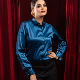 Silhouette Teal Plain Satin Women Shirt - John Ellies