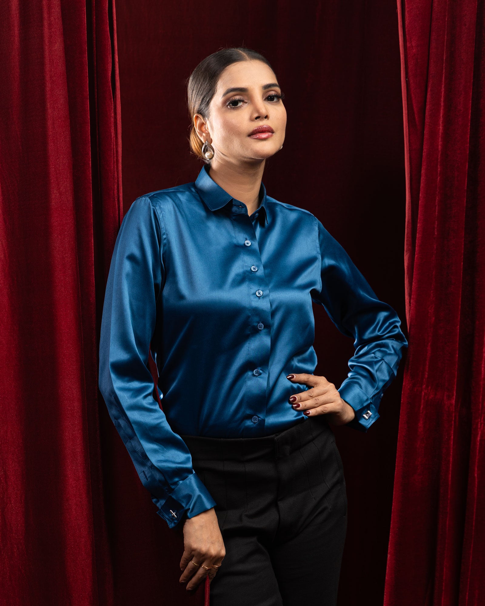Silhouette Teal Plain Satin Women Shirt - John Ellies