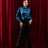 Silhouette Teal Plain Satin Women Shirt - John Ellies
