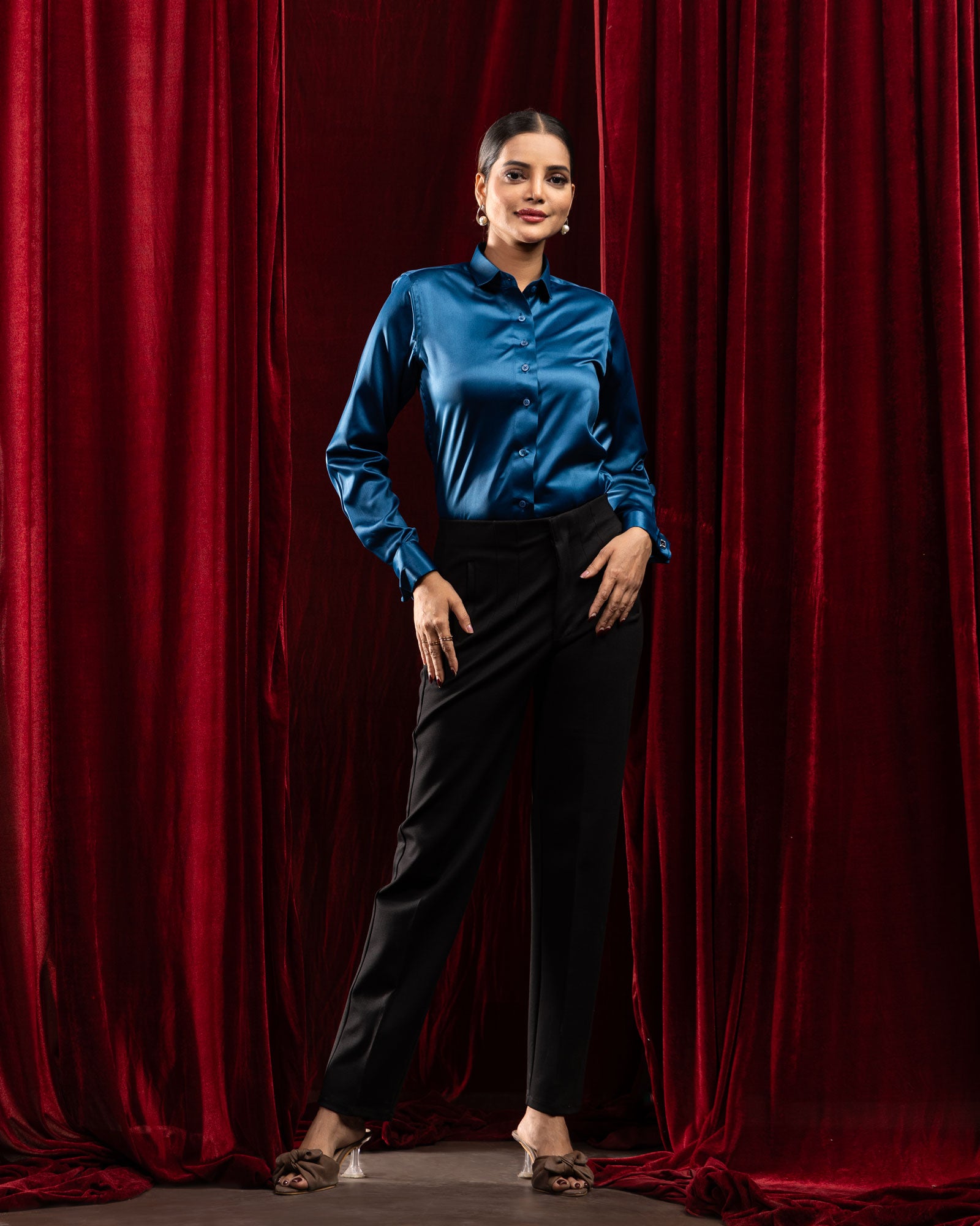 Silhouette Teal Plain Satin Women Shirt - John Ellies