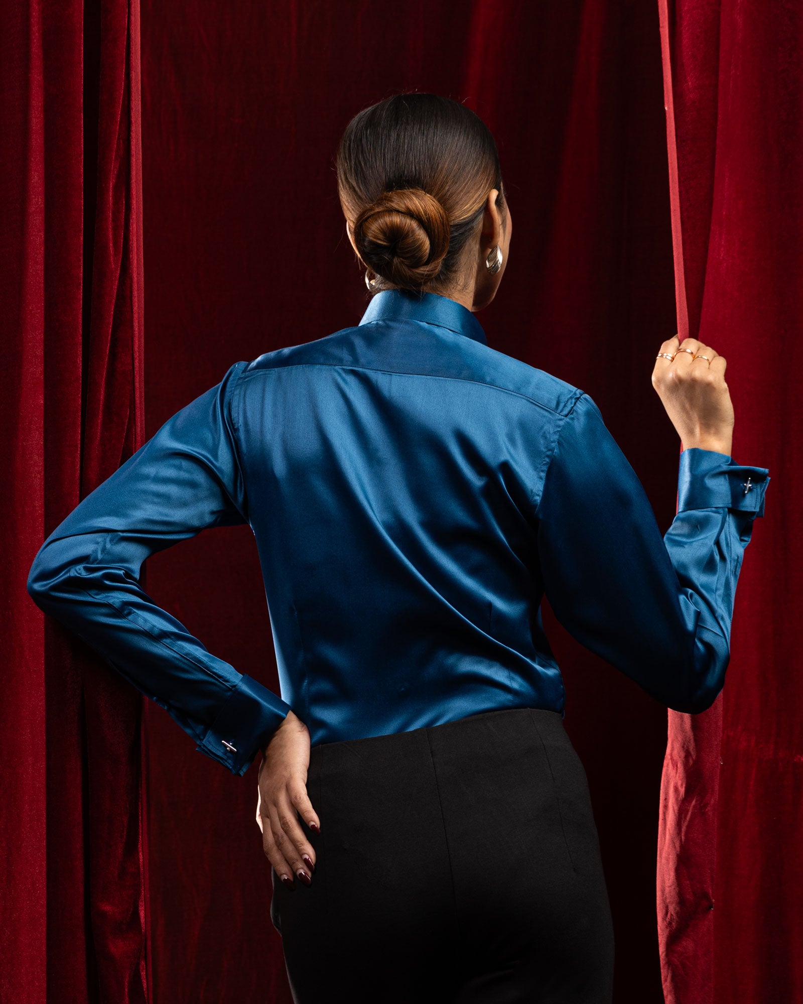 Silhouette Teal Plain Satin Women Shirt - John Ellies