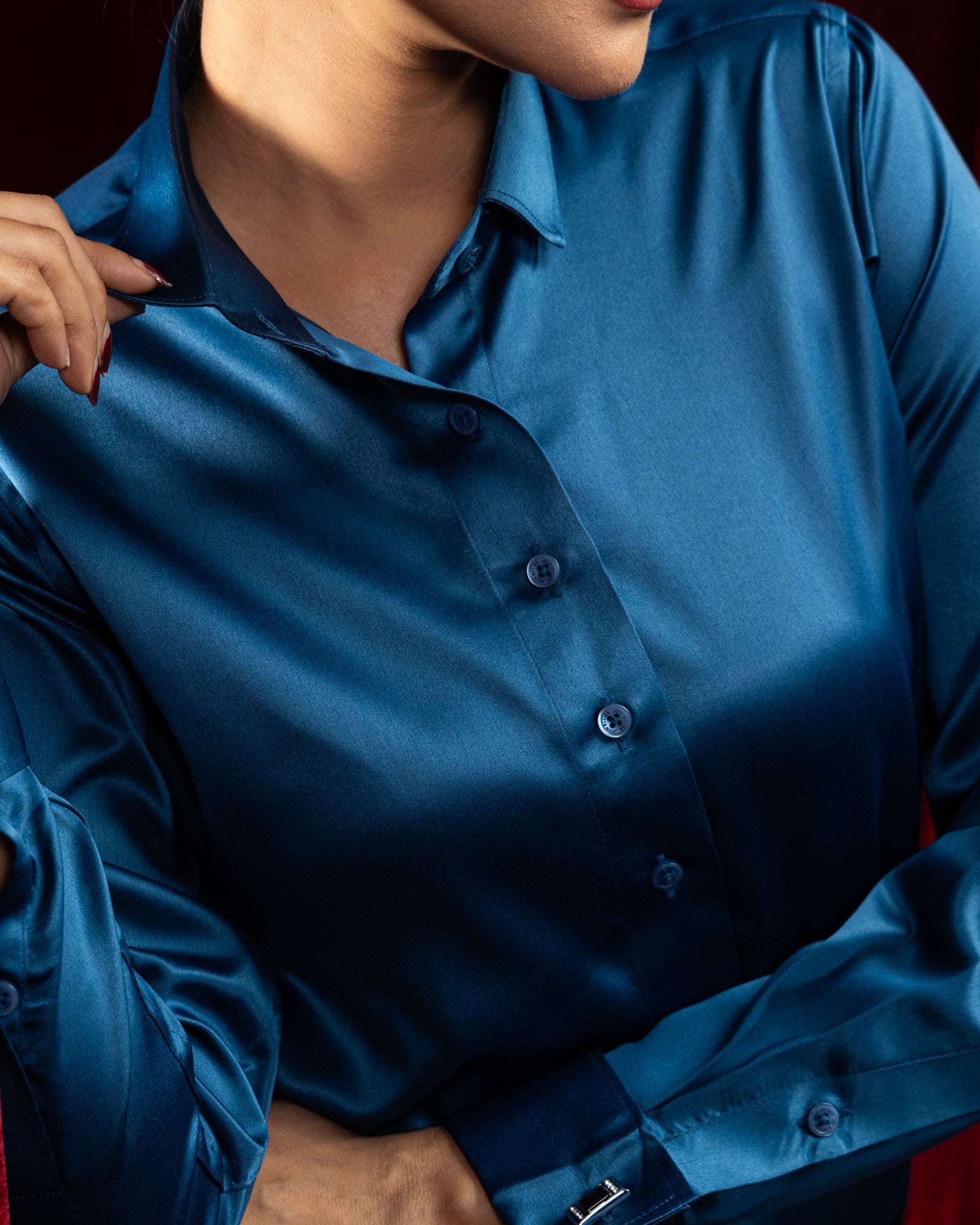 Silhouette Teal Plain Satin Women Shirt - John Ellies