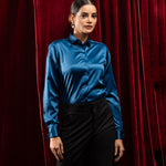 Silhouette Teal Plain Satin Women Shirt - John Ellies