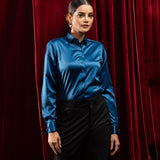 Silhouette Teal Plain Satin Women Shirt - John Ellies
