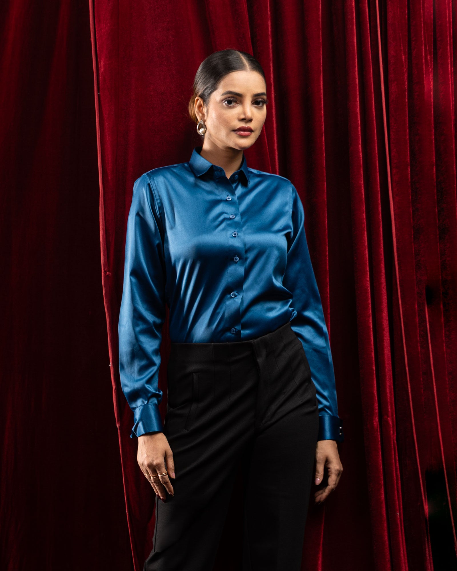 Silhouette Teal Plain Satin Women Shirt - John Ellies
