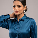 Silhouette Teal Plain Satin Women Shirt