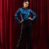 Silhouette Teal Plain Satin Women Shirt - John Ellies