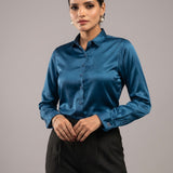 Silhouette Teal Plain Satin Women Shirt