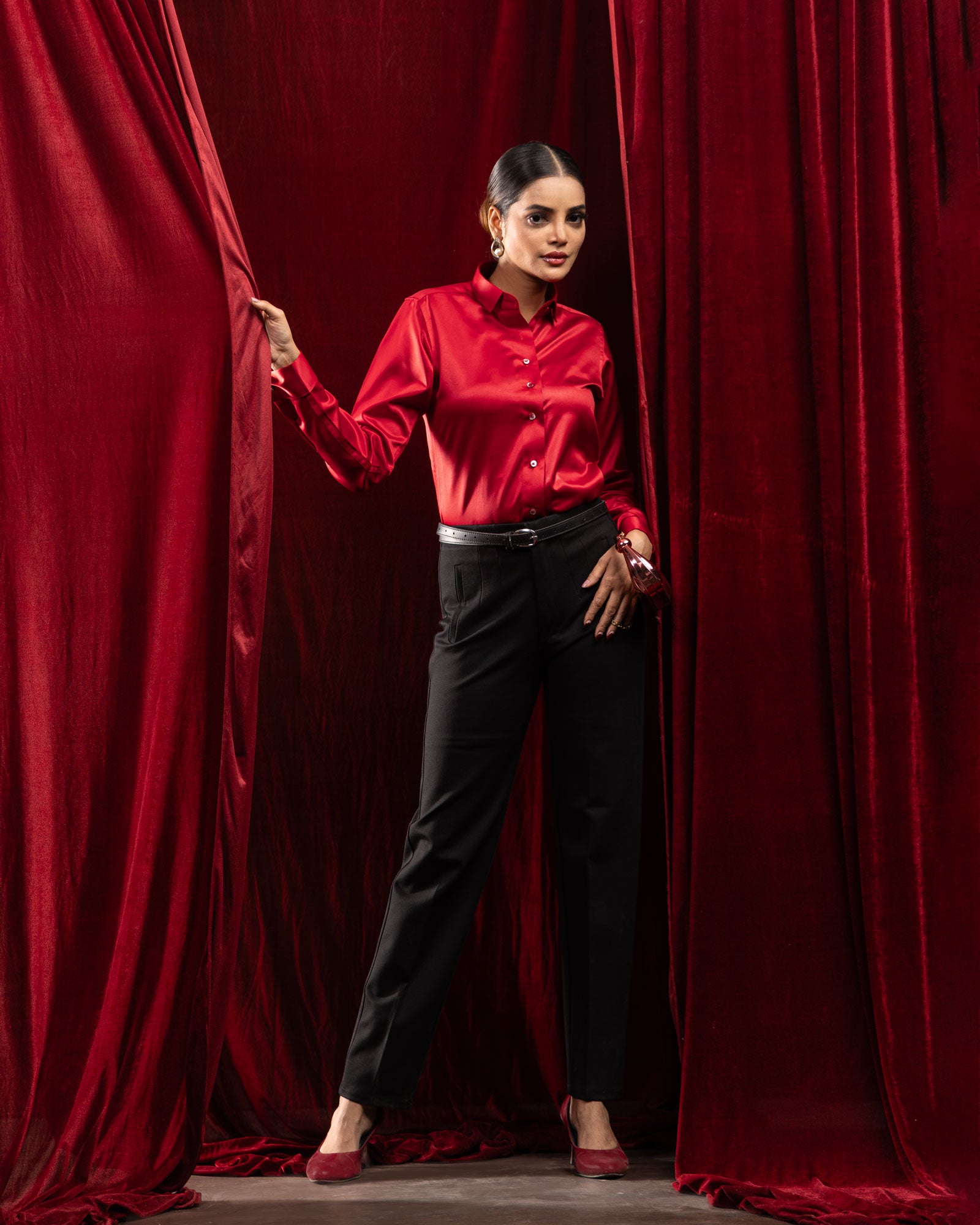Silhouette Red Plain Satin Women Shirt - John Ellies