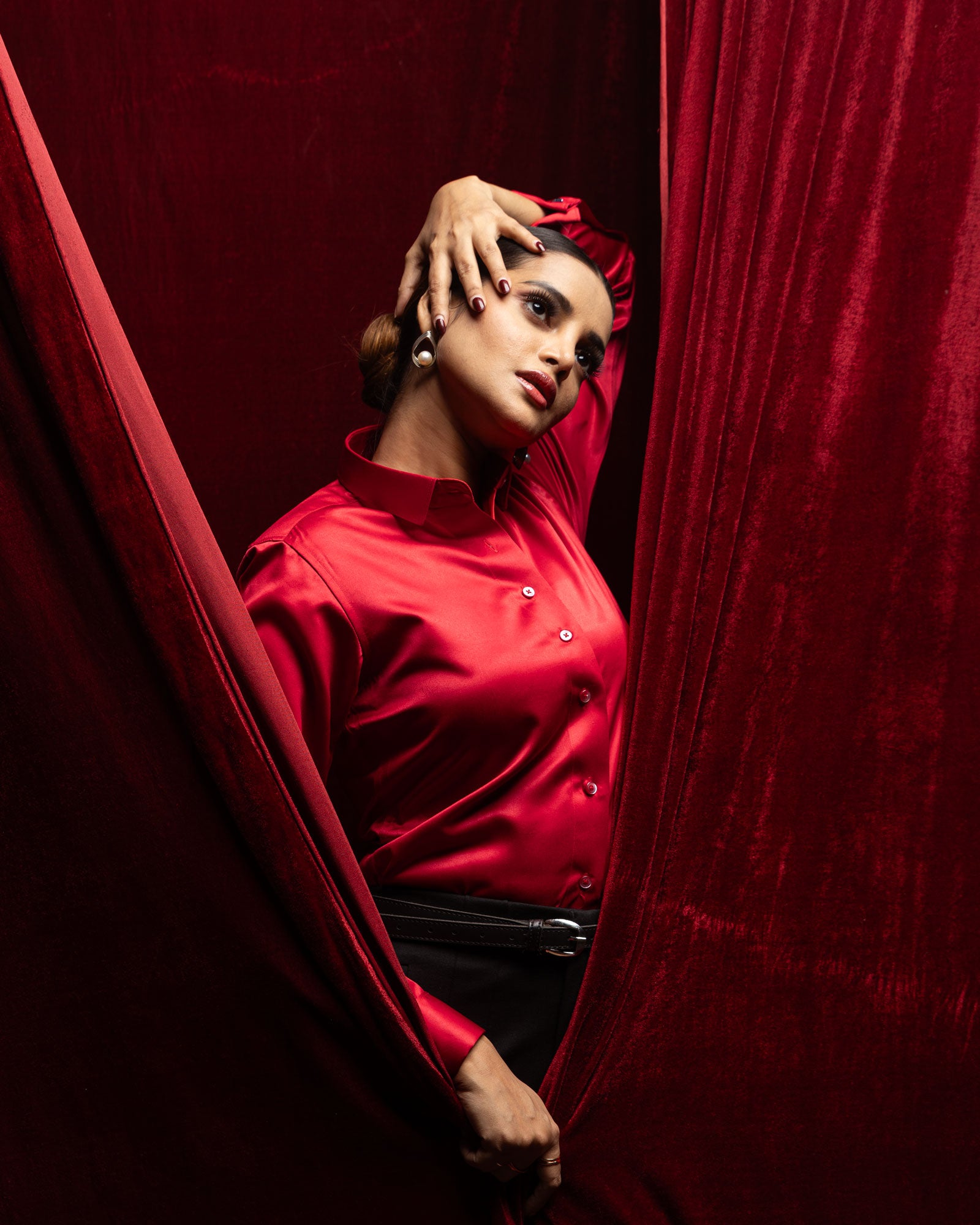 Silhouette Red Plain Satin Women Shirt - John Ellies