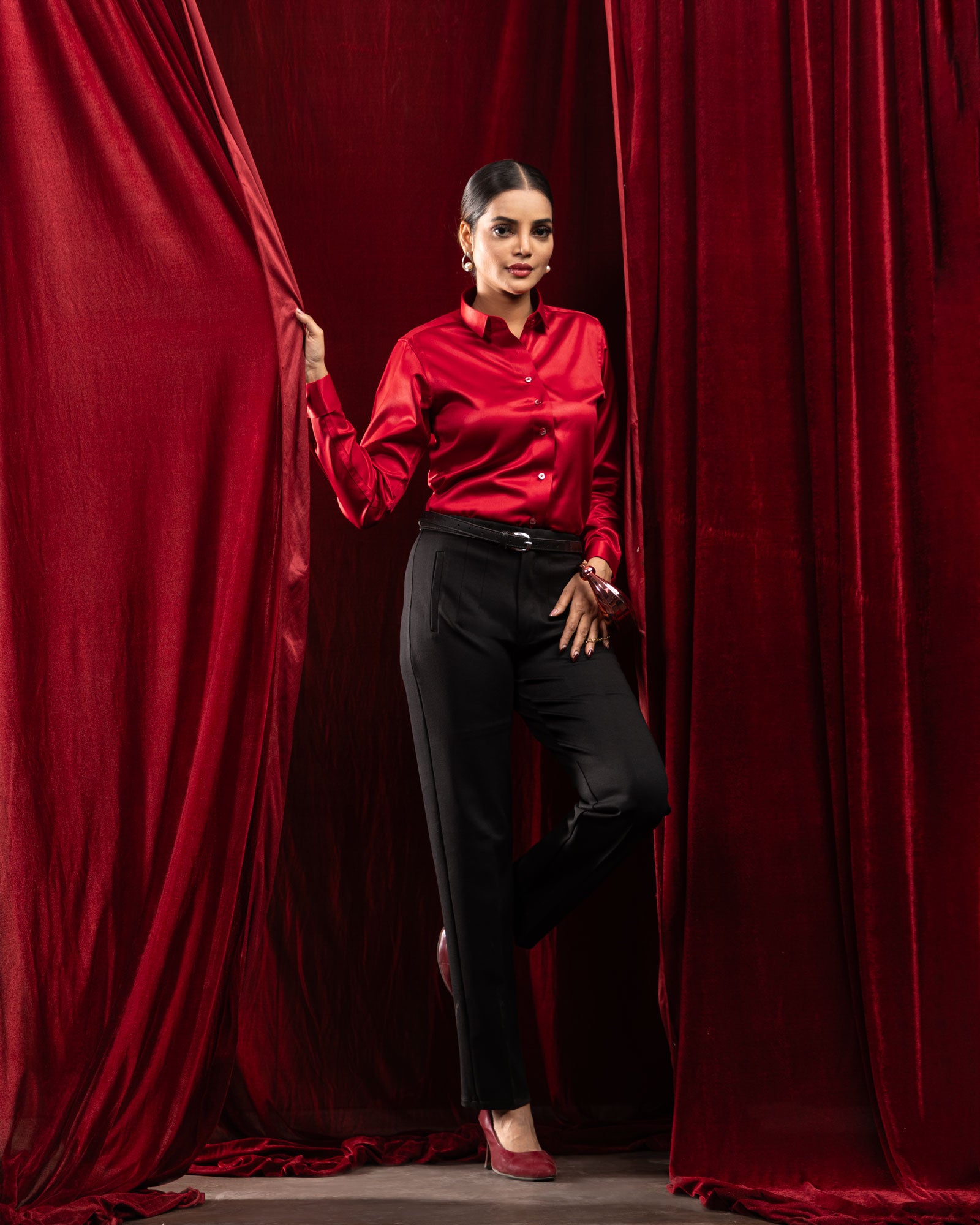 Silhouette Red Plain Satin Women Shirt - John Ellies
