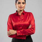 Silhouette Red Plain Satin Women Shirt