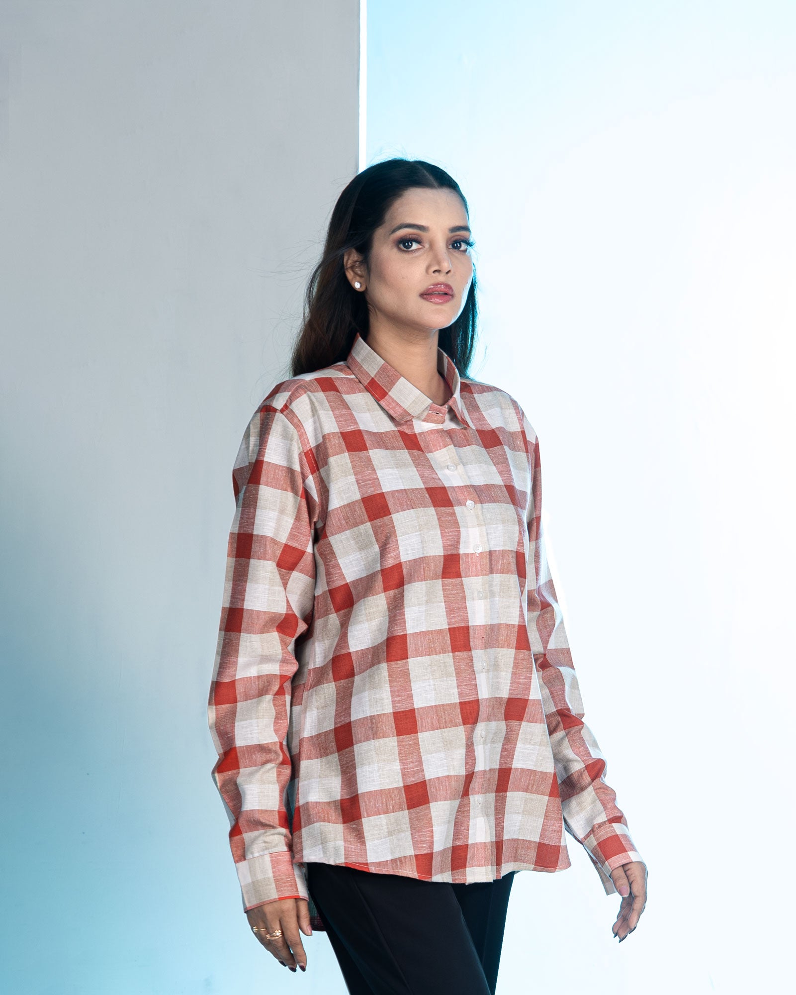 Elan Orange Check Linen Women Shirt - John Ellies