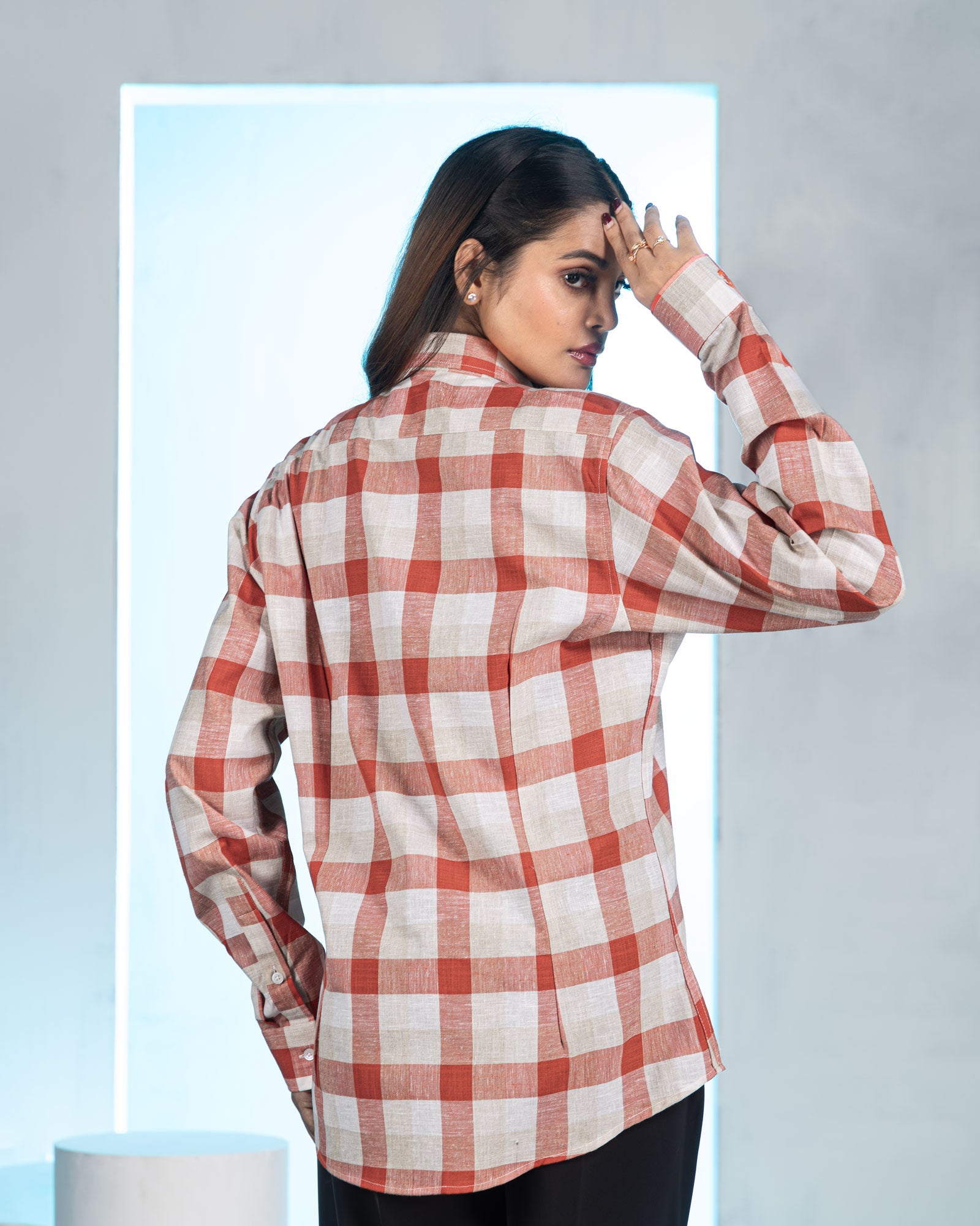 Elan Orange Check Linen Women Shirt - John Ellies
