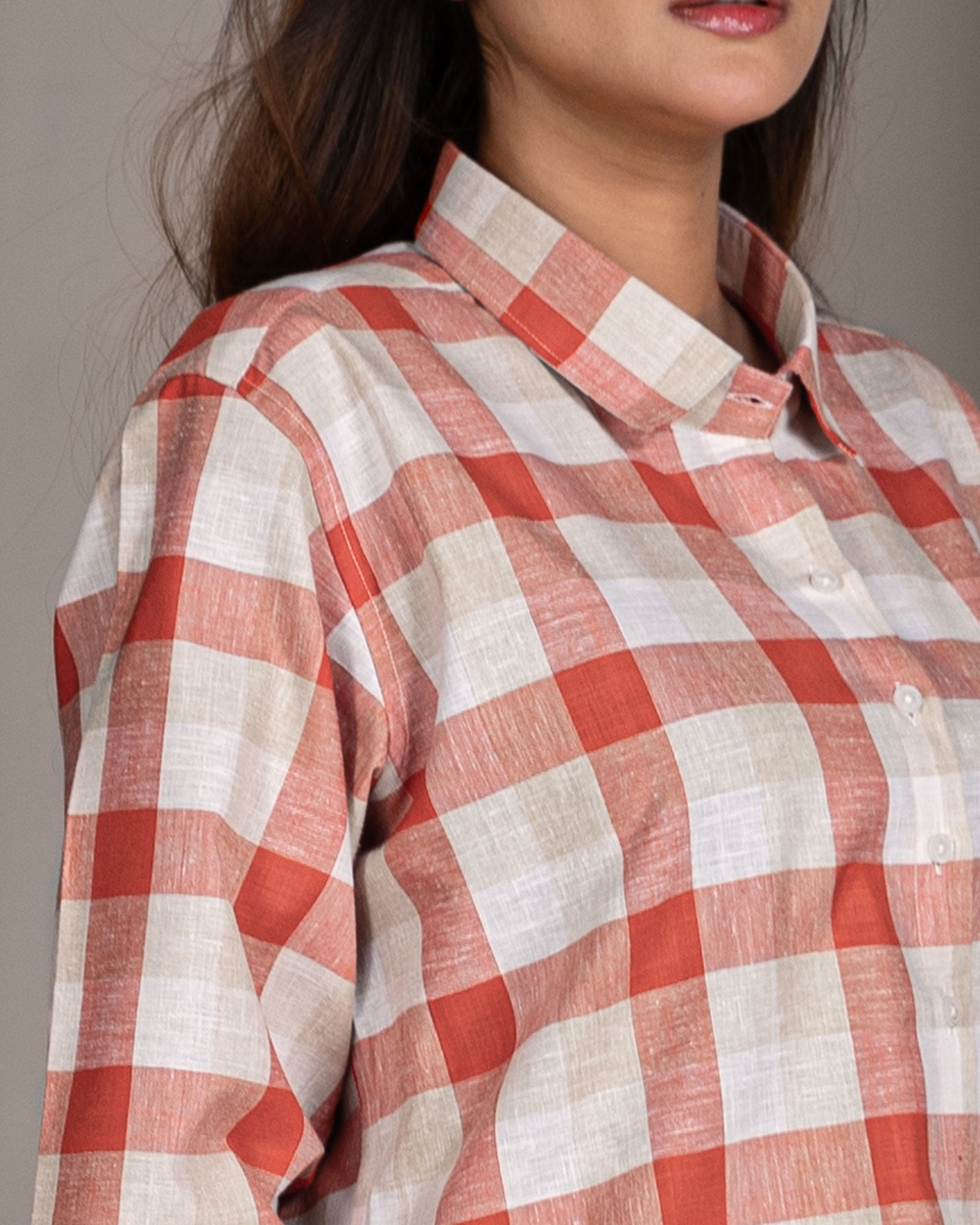 Elan Orange Check Linen Women Shirt - John Ellies