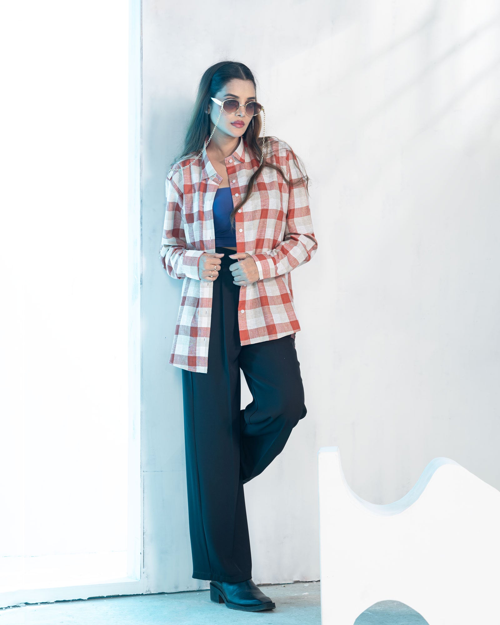Elan Orange Check Linen Women Shirt - John Ellies