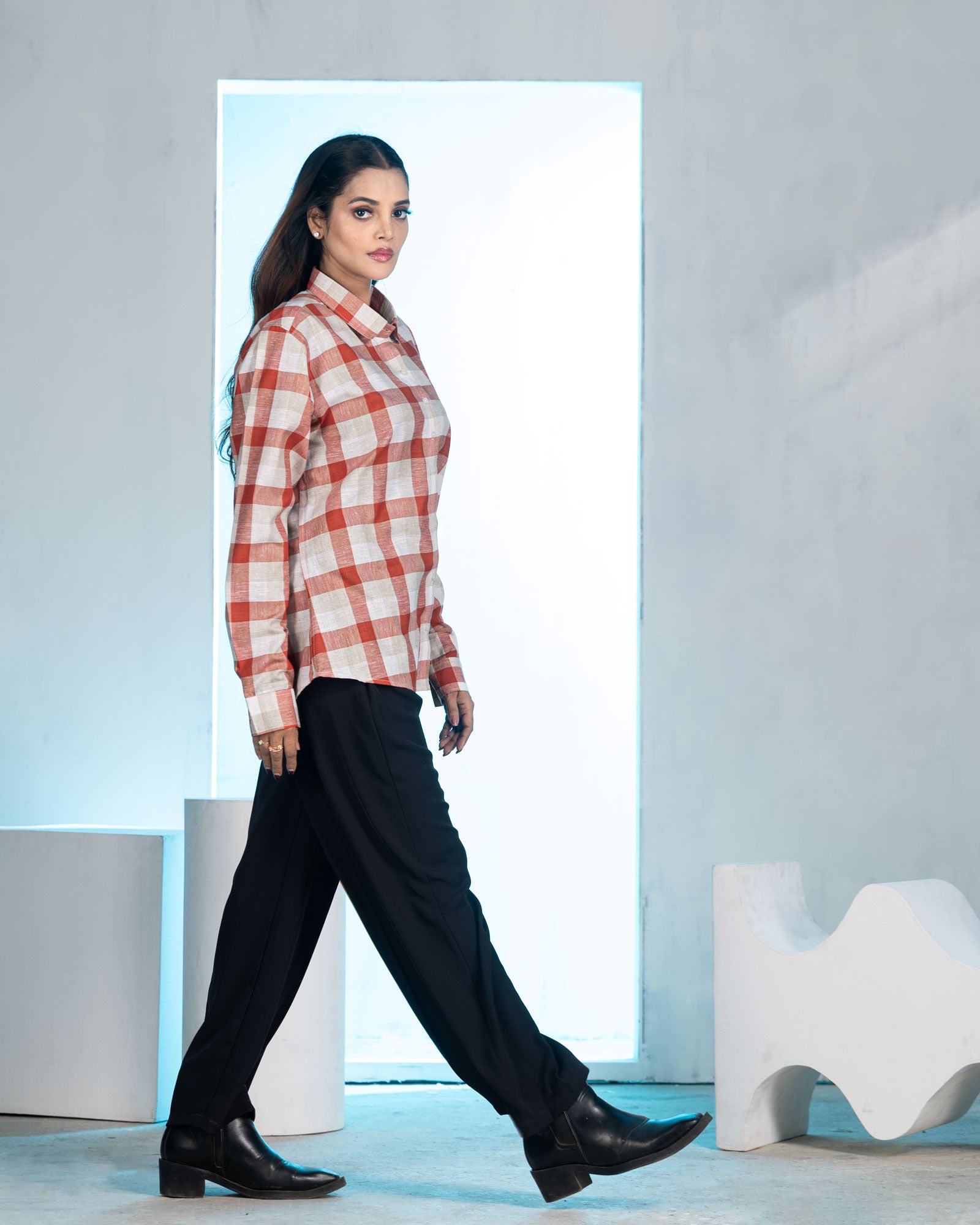 Elan Orange Check Linen Women Shirt - John Ellies