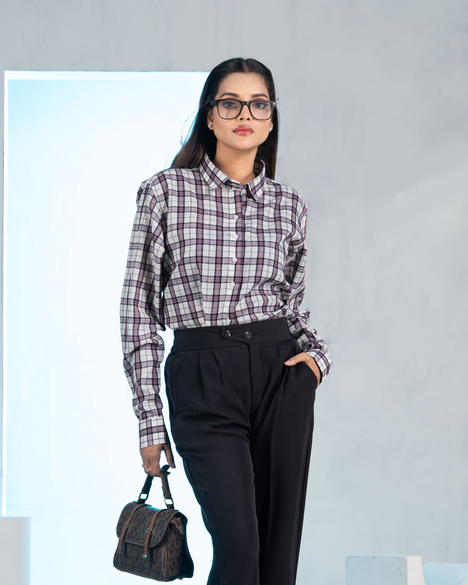 Elan Purple Check Linen Women Shirt - John Ellies