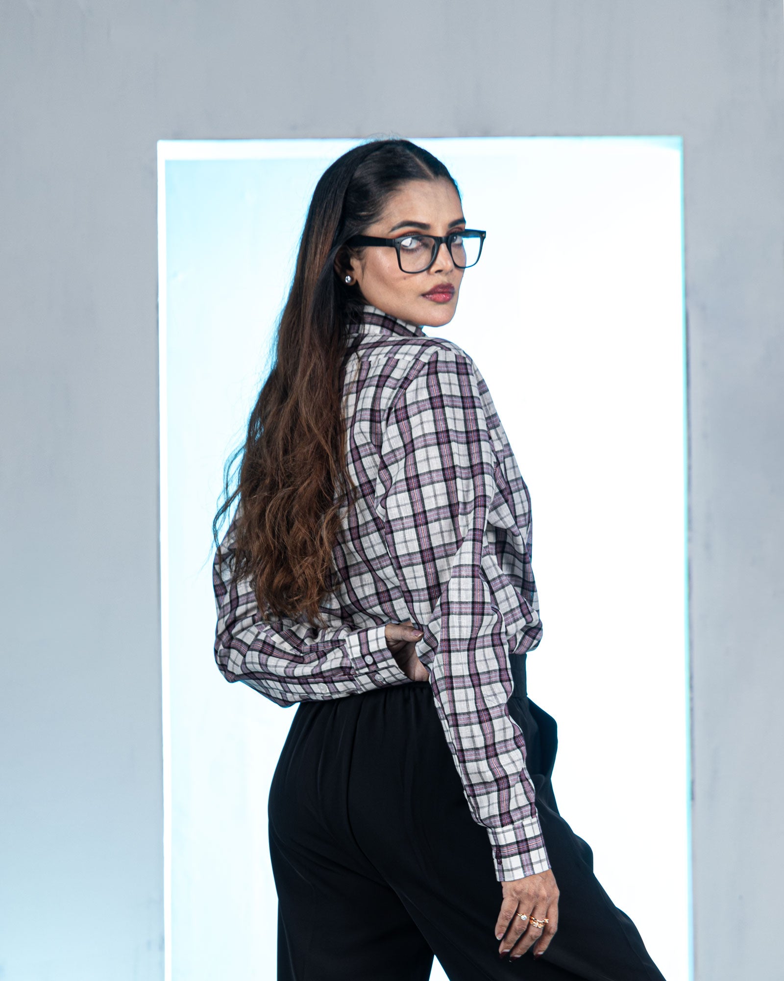 Elan Purple Check Linen Women Shirt - John Ellies