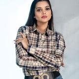 Elan Navy Blue Check Cotton Women Shirt - John Ellies
