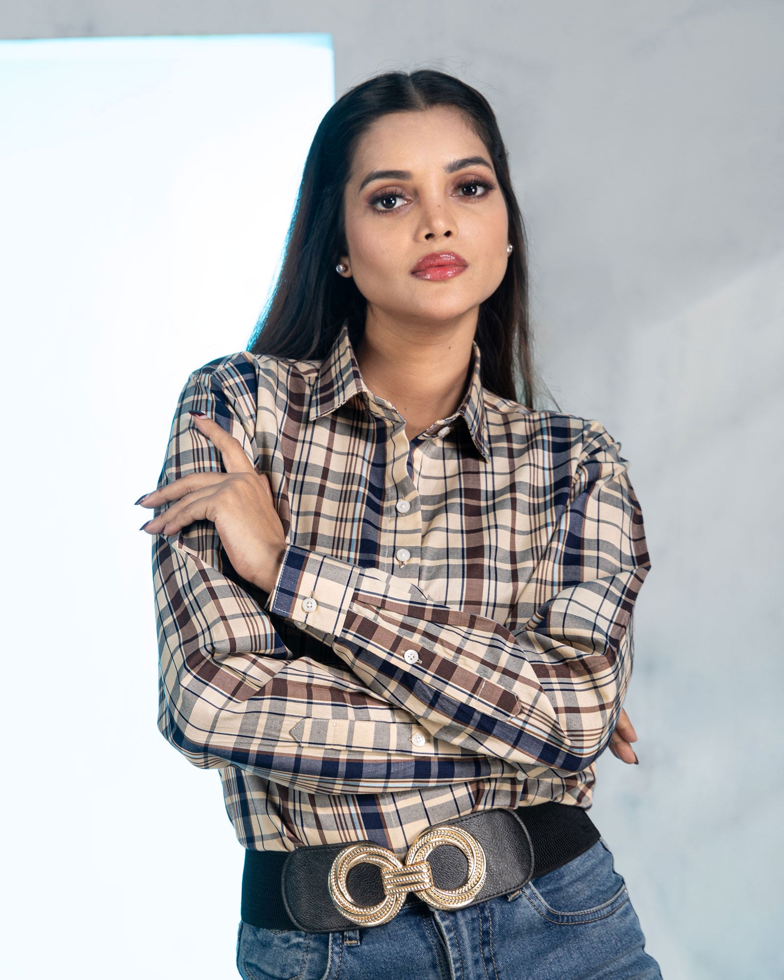 Elan Navy Blue Check Cotton Women Shirt - John Ellies