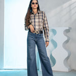 Elan Navy Blue Check Cotton Women Shirt - John Ellies