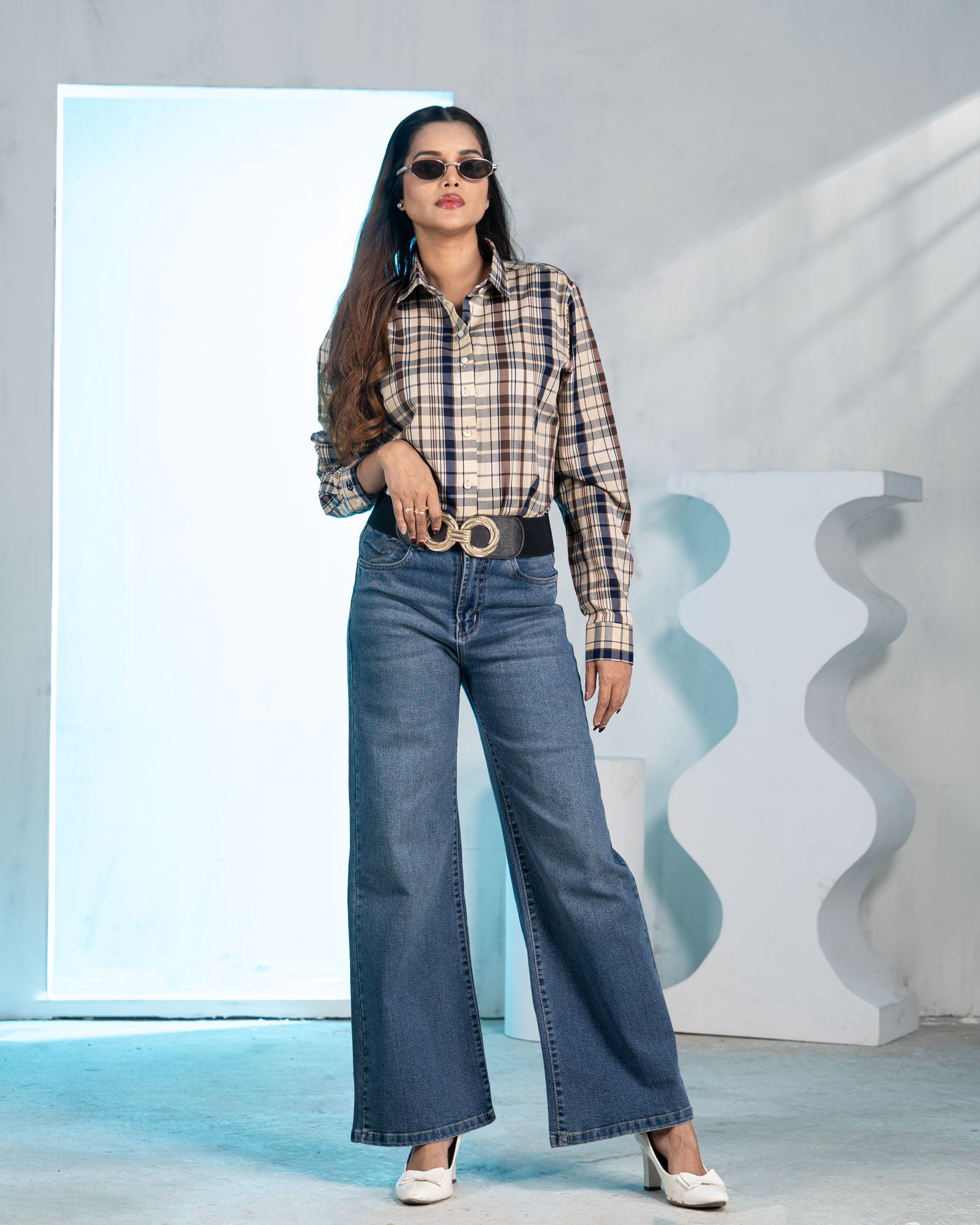 Elan Navy Blue Check Cotton Women Shirt - John Ellies