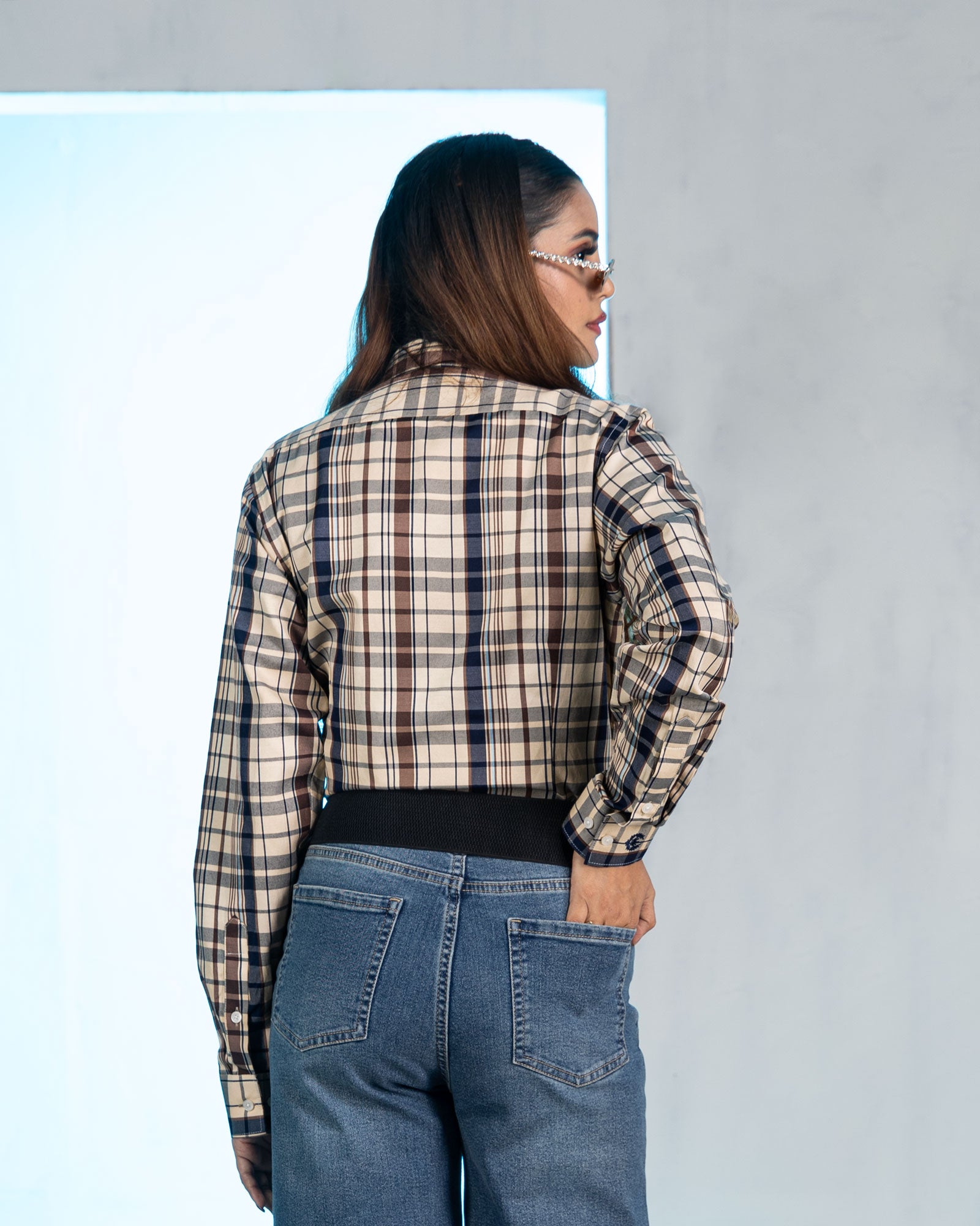 Elan Navy Blue Check Cotton Women Shirt - John Ellies