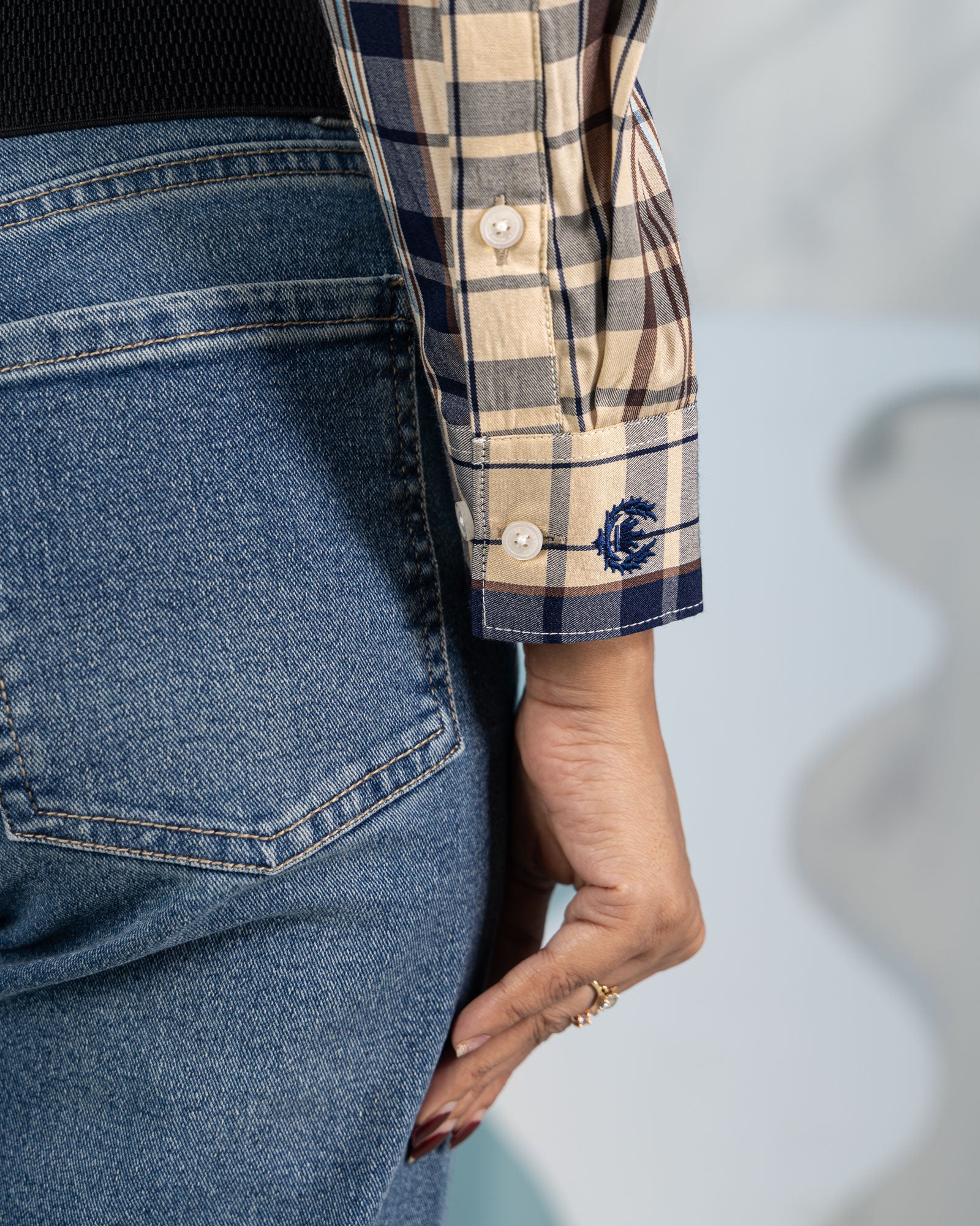 Elan Navy Blue Check Cotton Women Shirt - John Ellies
