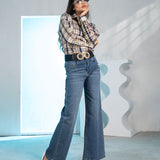 Elan Navy Blue Check Cotton Women Shirt - John Ellies