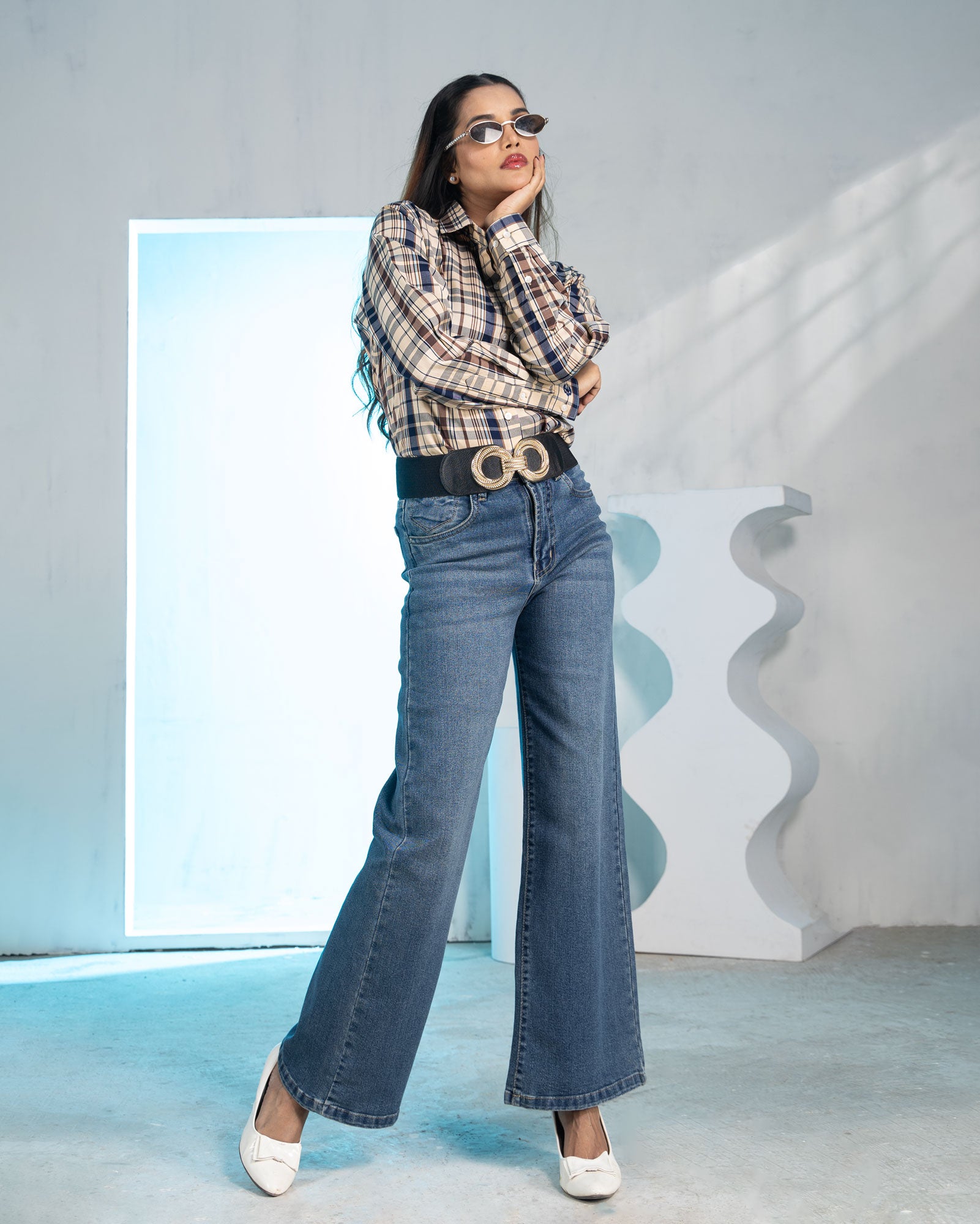 Elan Navy Blue Check Cotton Women Shirt - John Ellies