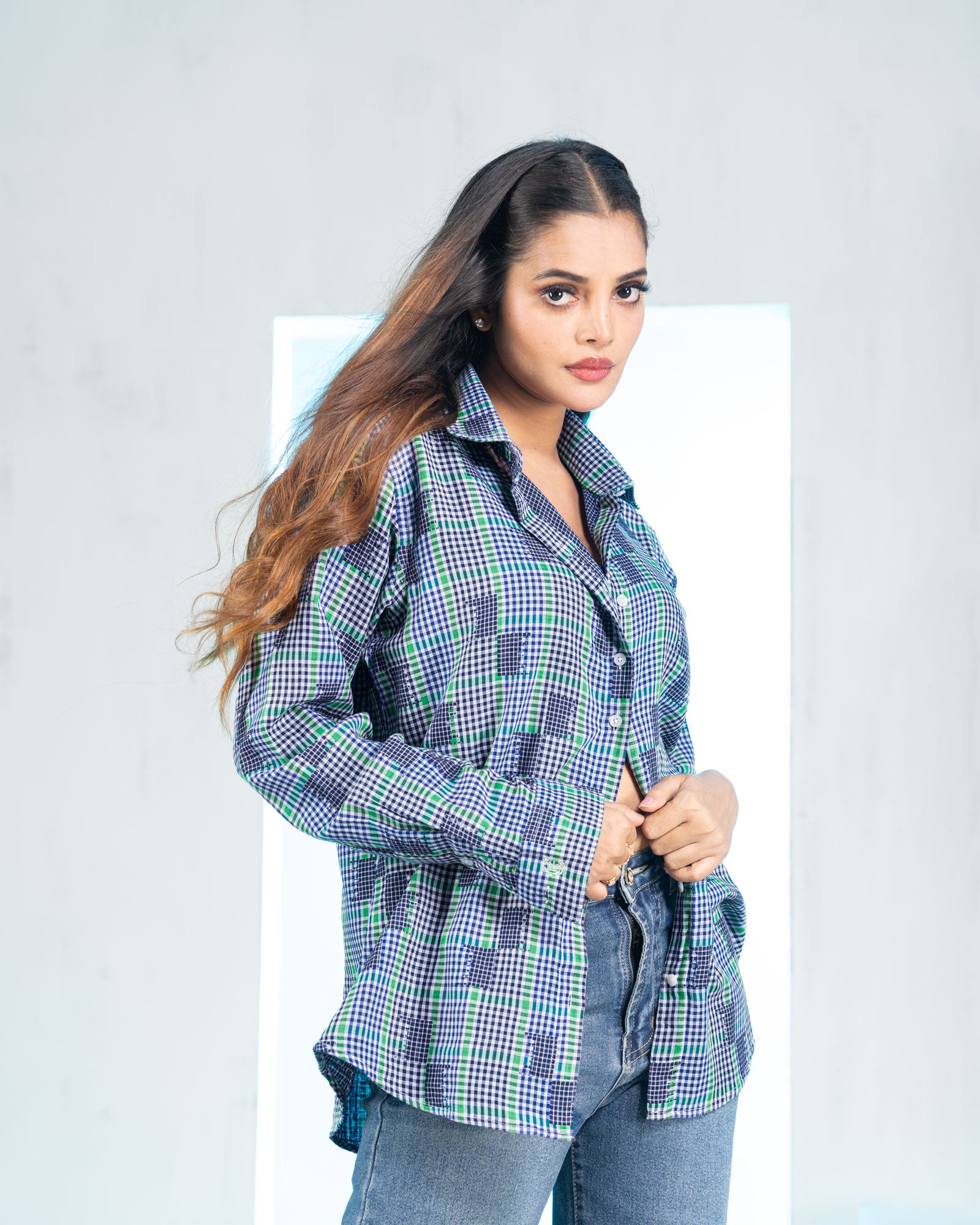 Elan Blue Check Linen Women Shirt - John Ellies