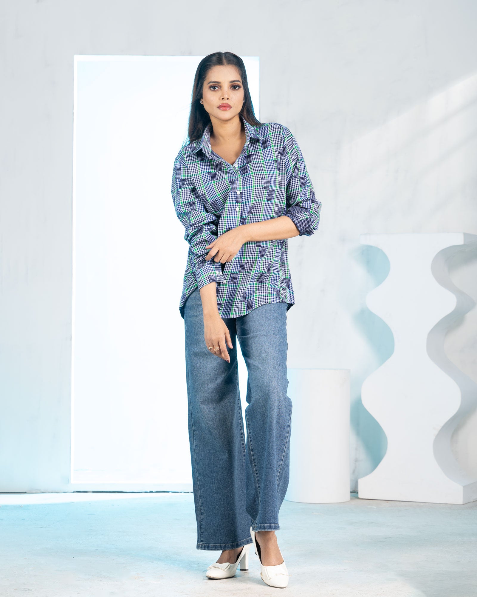 Elan Blue Check Linen Women Shirt - John Ellies
