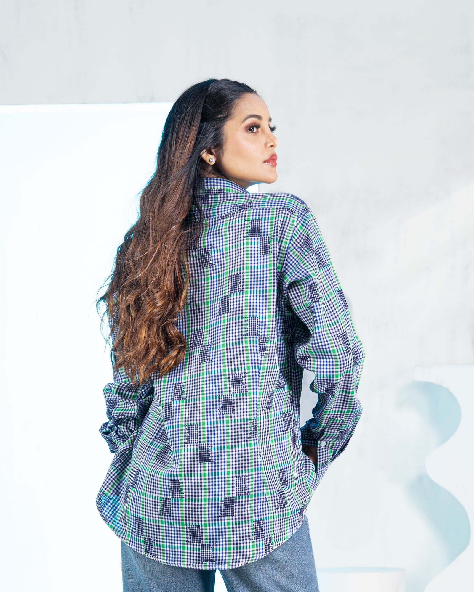 Elan Blue Check Linen Women Shirt - John Ellies