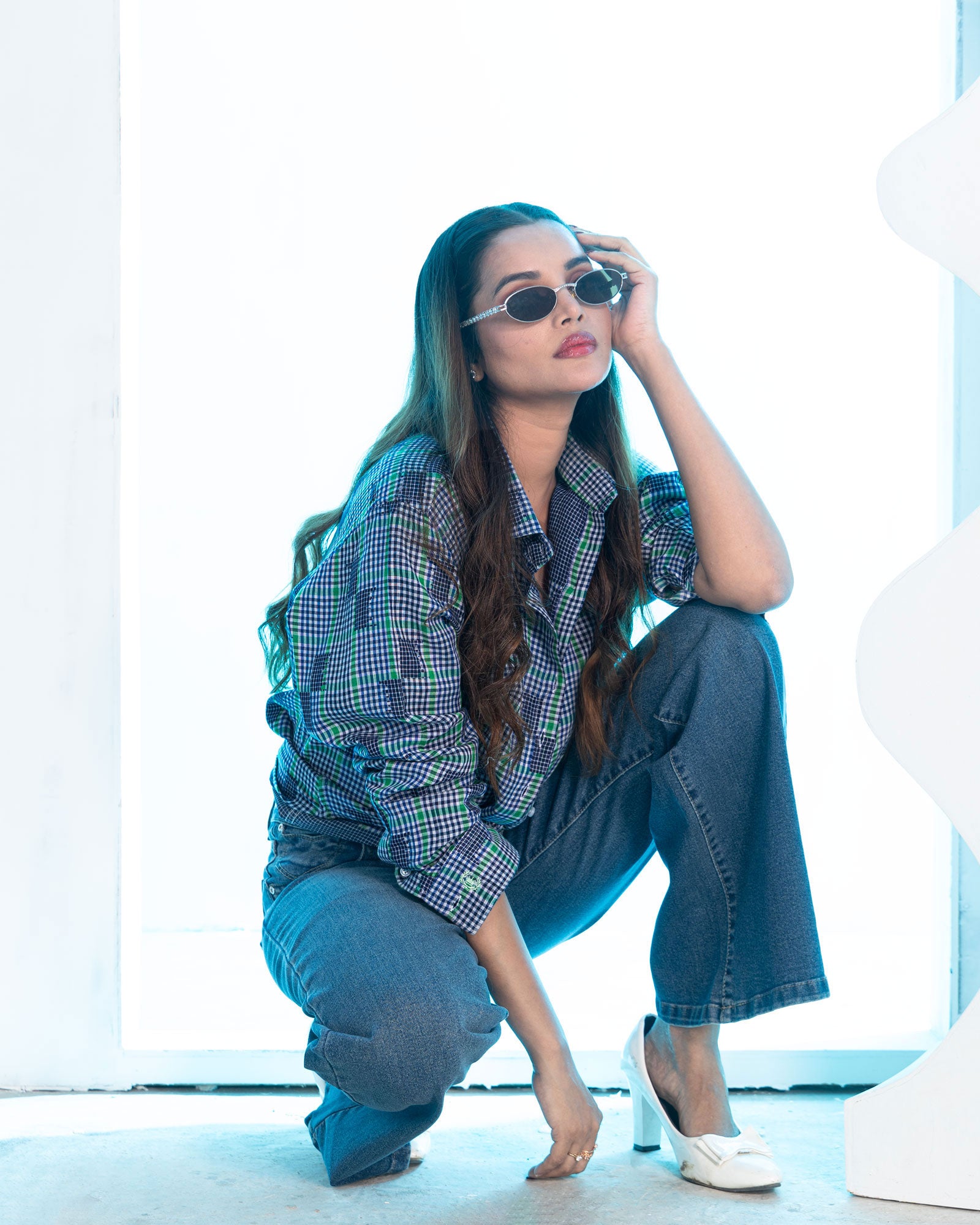 Elan Blue Check Linen Women Shirt - John Ellies