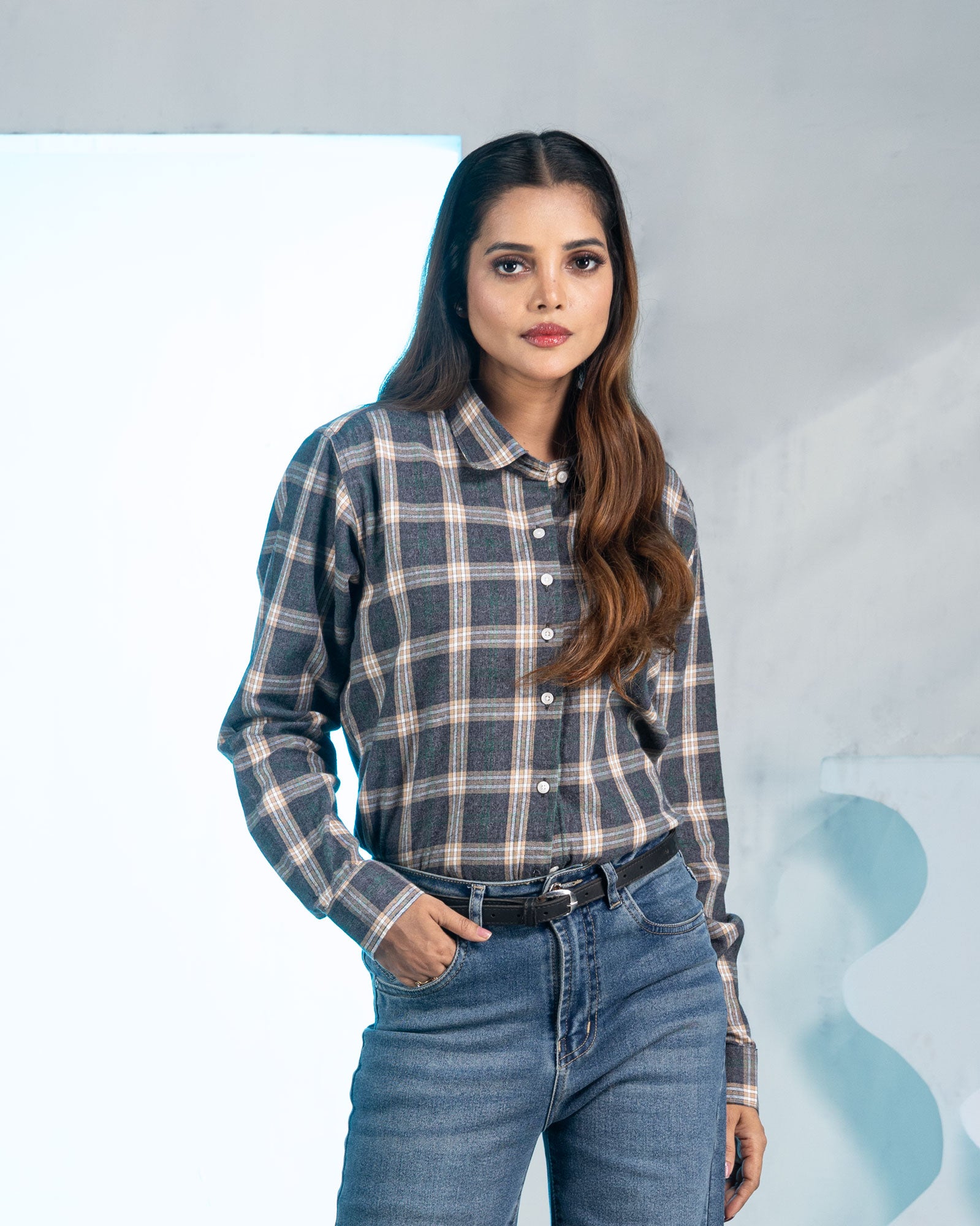 Elan Grey Check Cotton Women Shirt - John Ellies