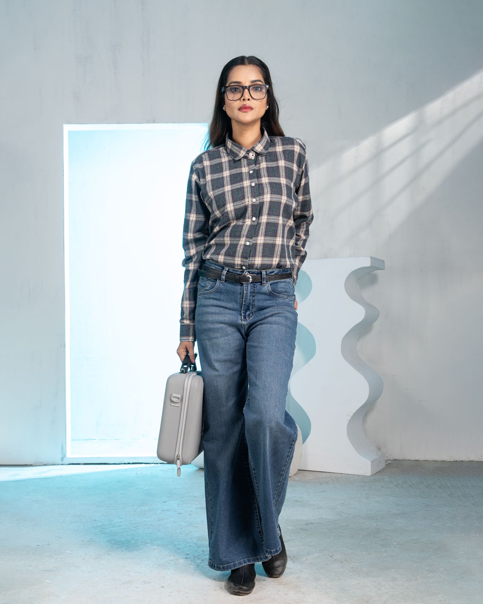 Elan Grey Check Cotton Women Shirt - John Ellies
