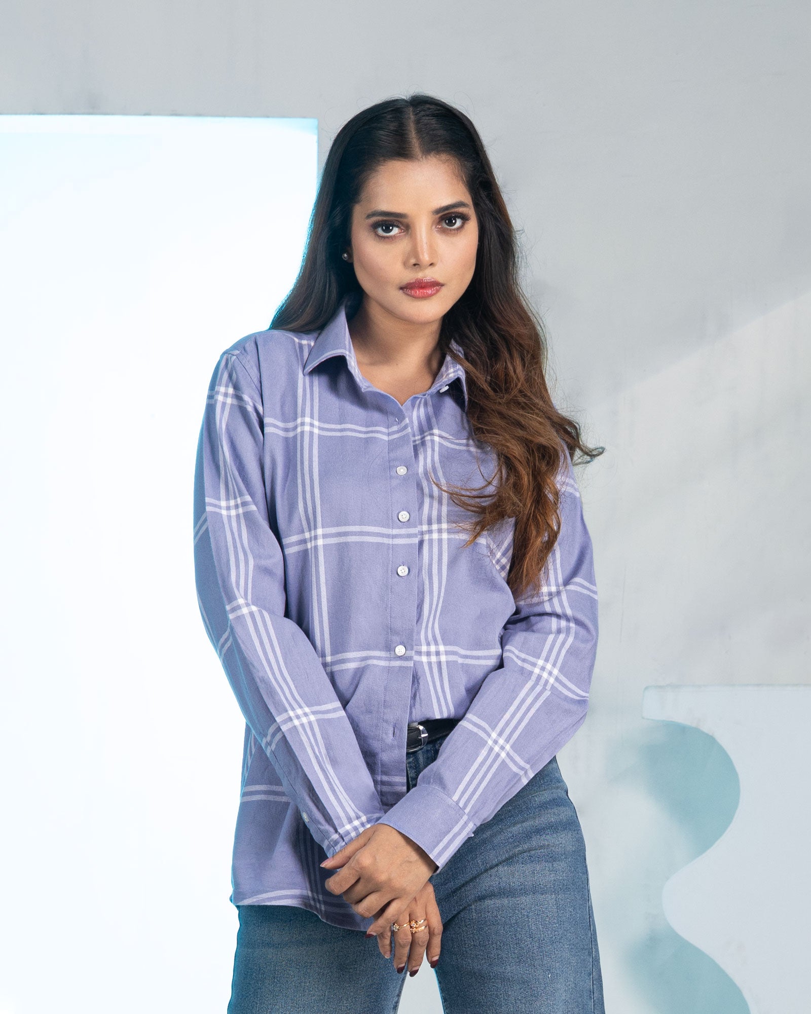 Elan Lavender Check Cotton Women Shirt - John Ellies