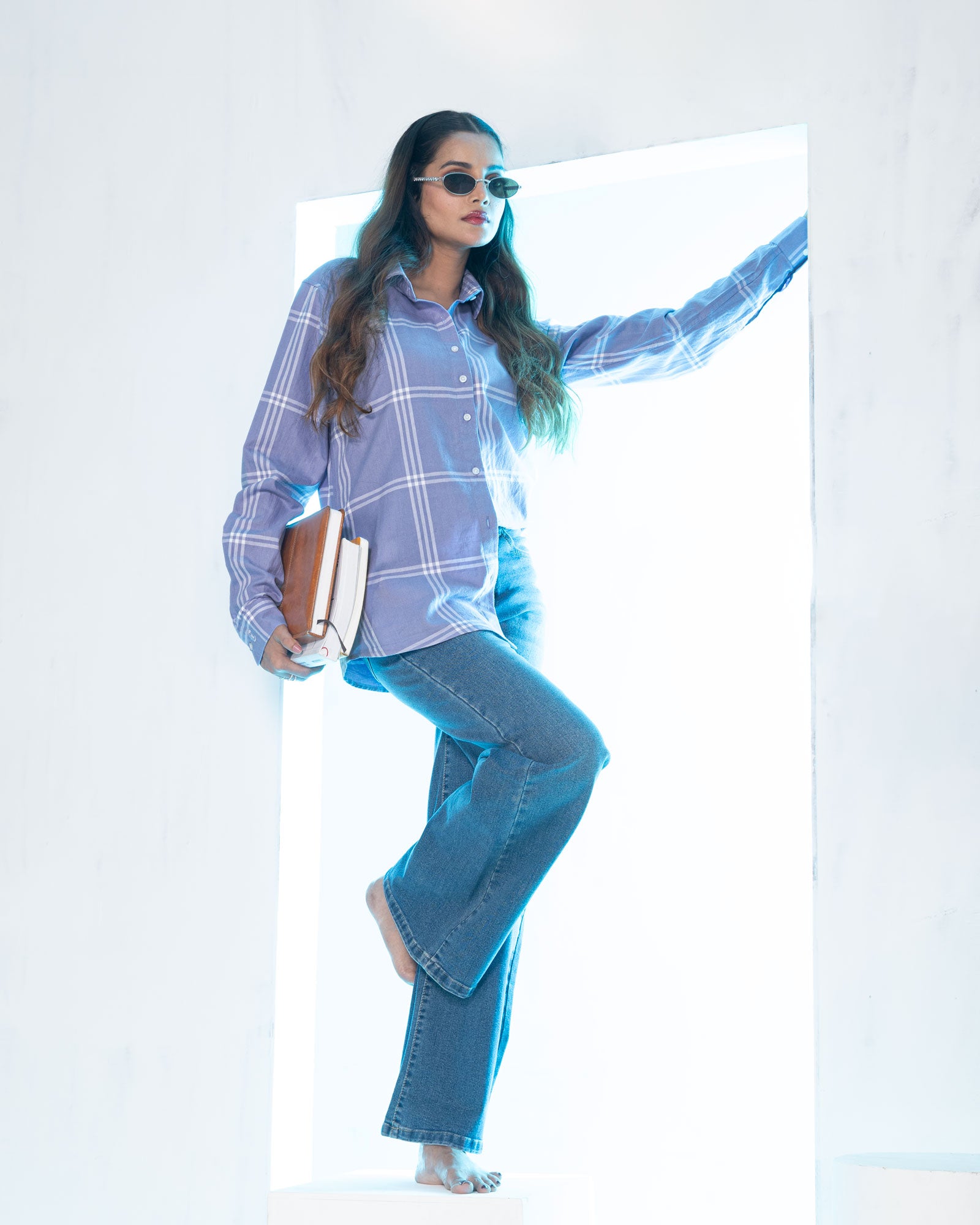 Elan Lavender Check Cotton Women Shirt - John Ellies
