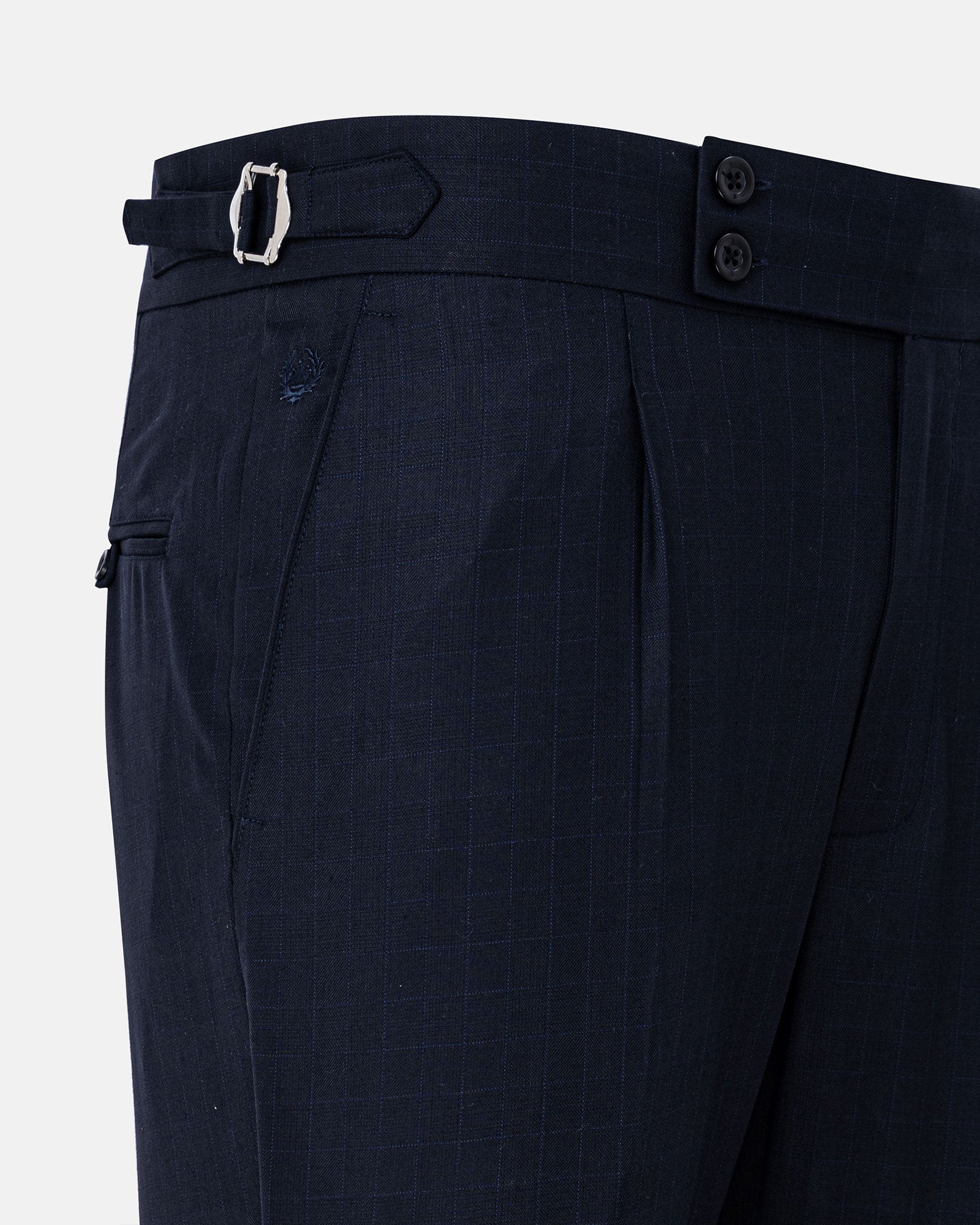 Neux Navy Blue Checked Formal Single Pleated Italian Pant - John Ellies