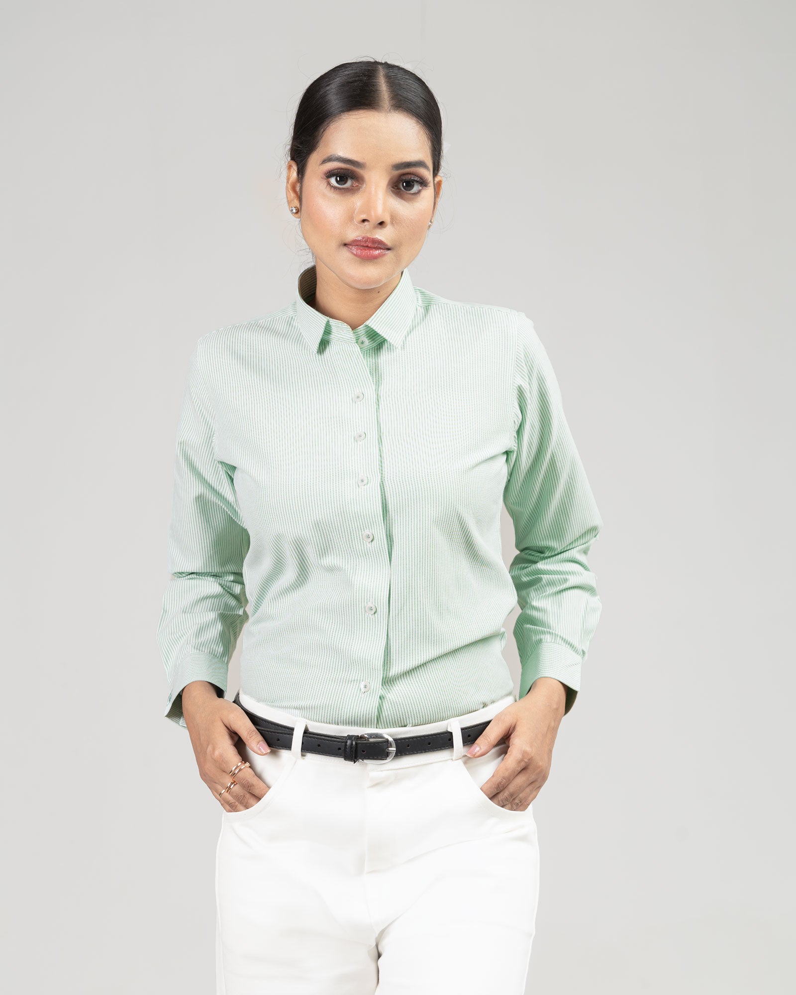 Strata Green Stripes Oxford Cotton Women Shirt - John Ellies