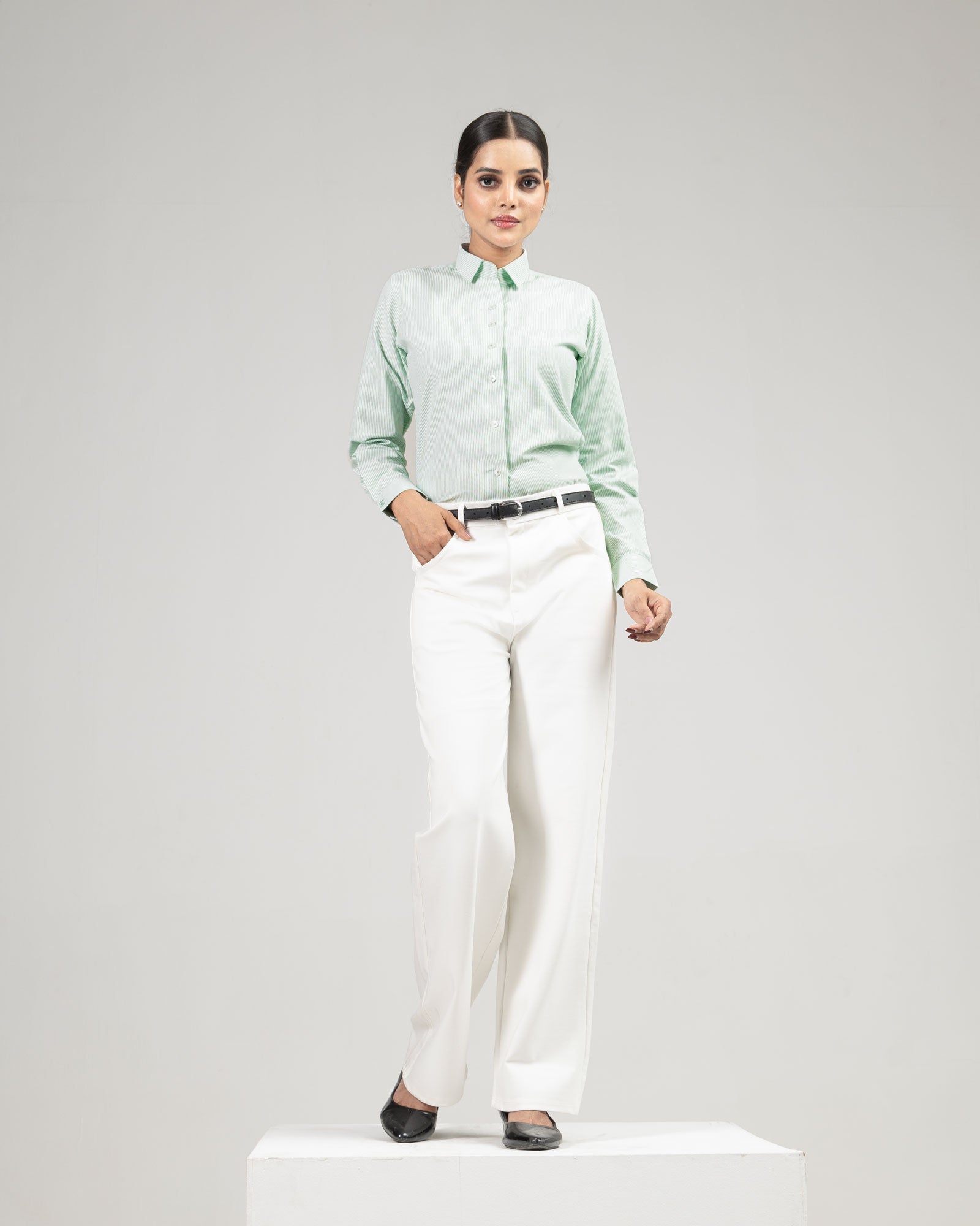 Strata Green Stripes Oxford Cotton Women Shirt - John Ellies