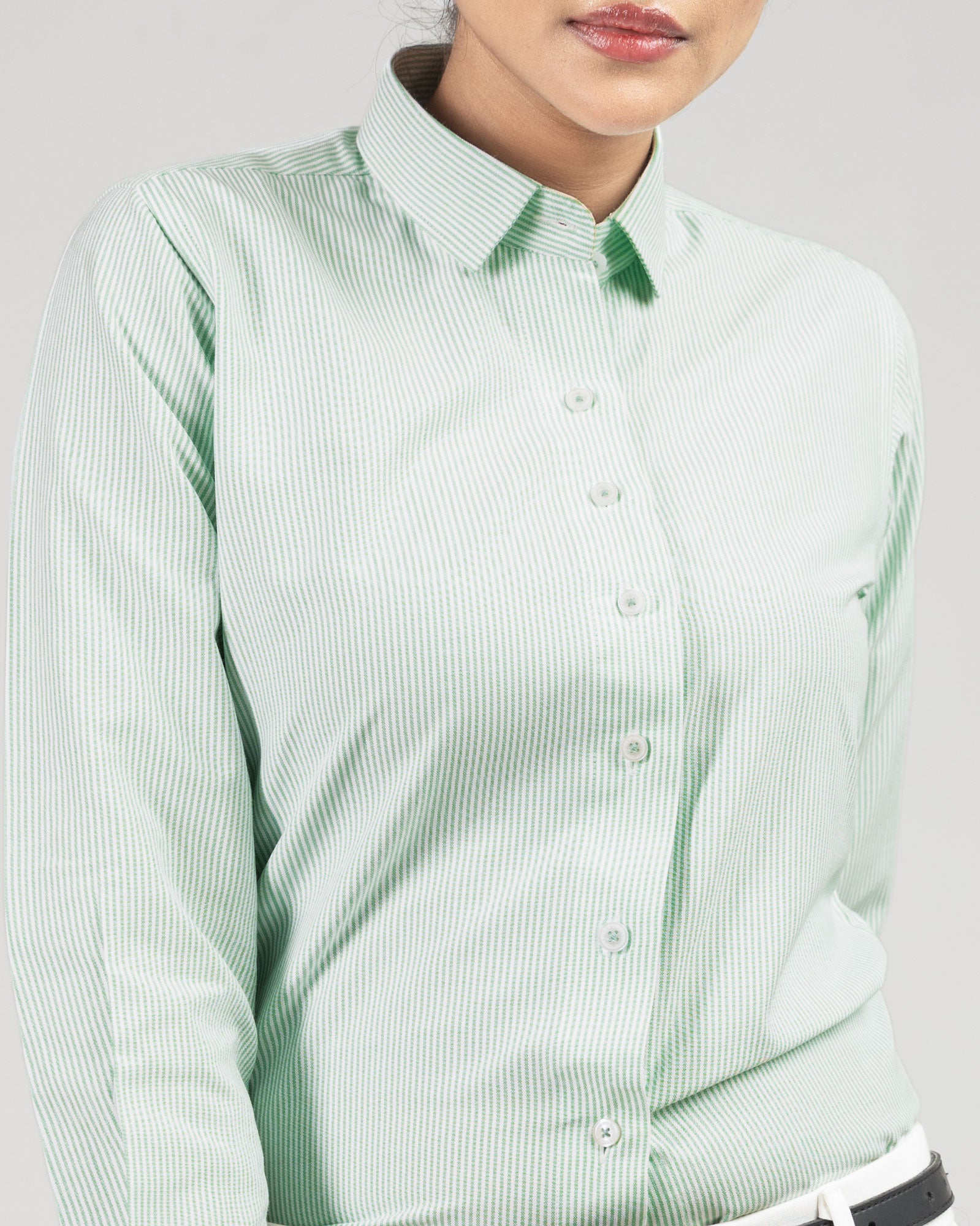 Strata Green Stripes Oxford Cotton Women Shirt - John Ellies
