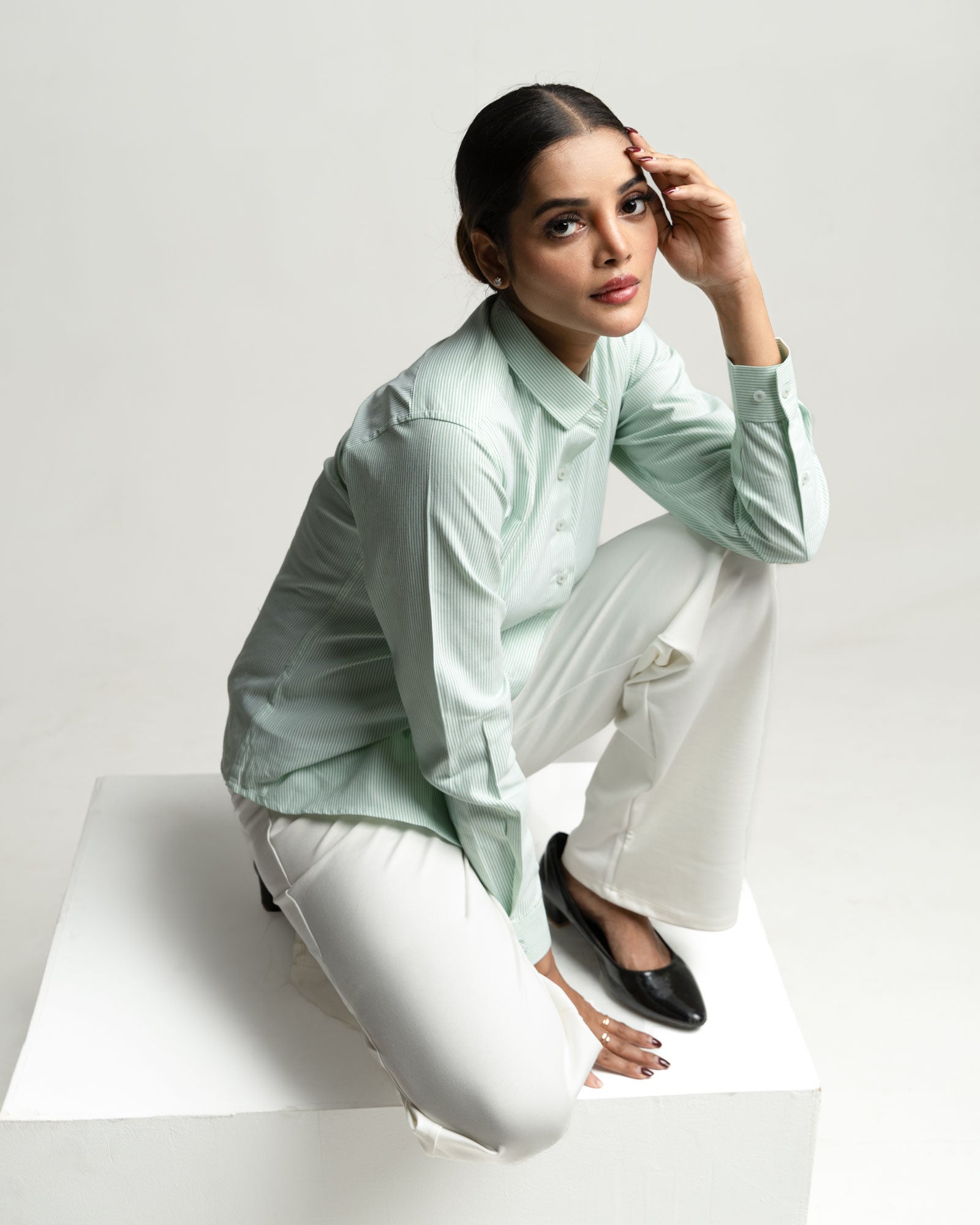 Strata Green Stripes Oxford Cotton Women Shirt - John Ellies