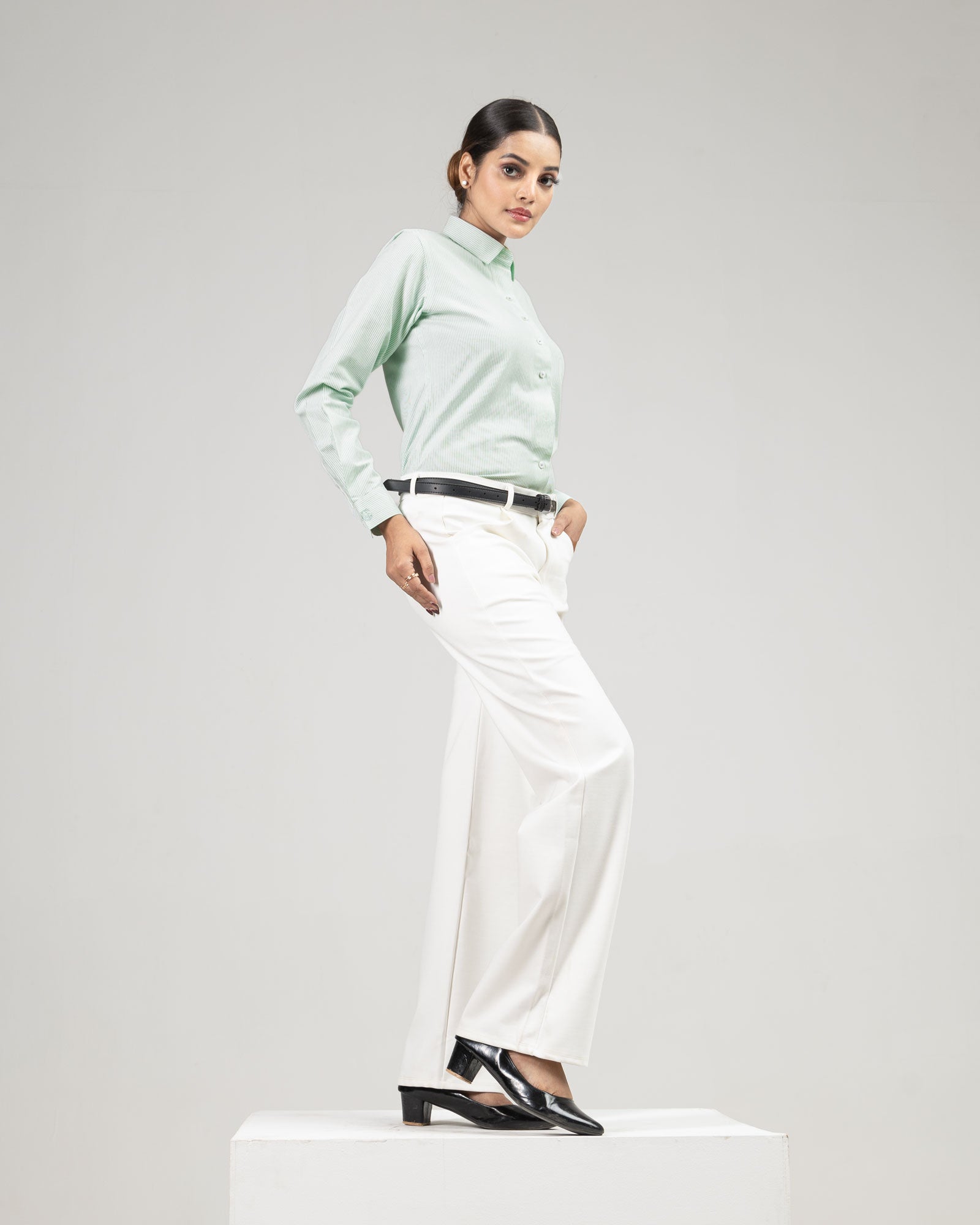 Strata Green Stripes Oxford Cotton Women Shirt - John Ellies