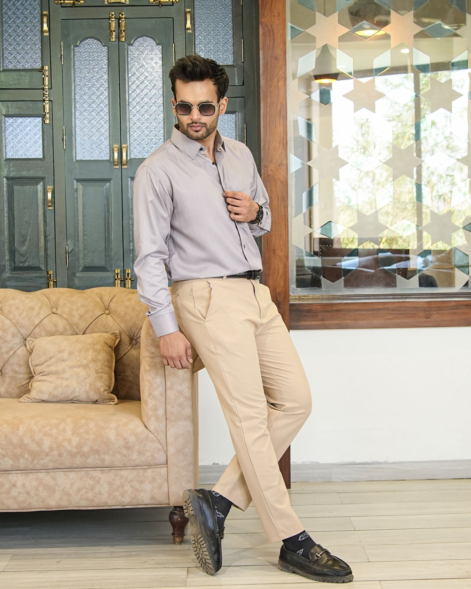 Presto Magenta Cotton Dobby Textured Shirt - John Ellies