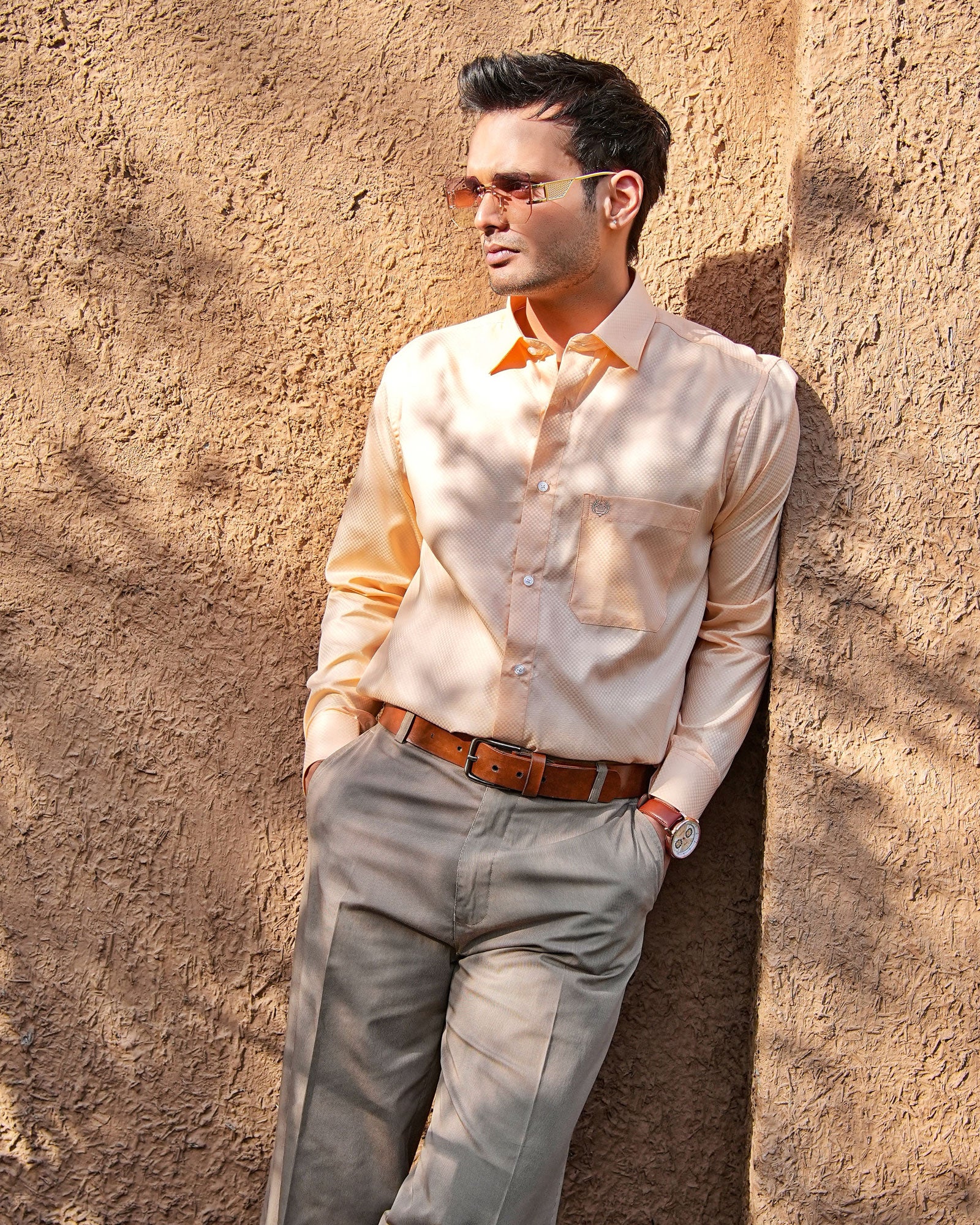 Presto Peach Cotton Dobby Textured Shirt - John Ellies