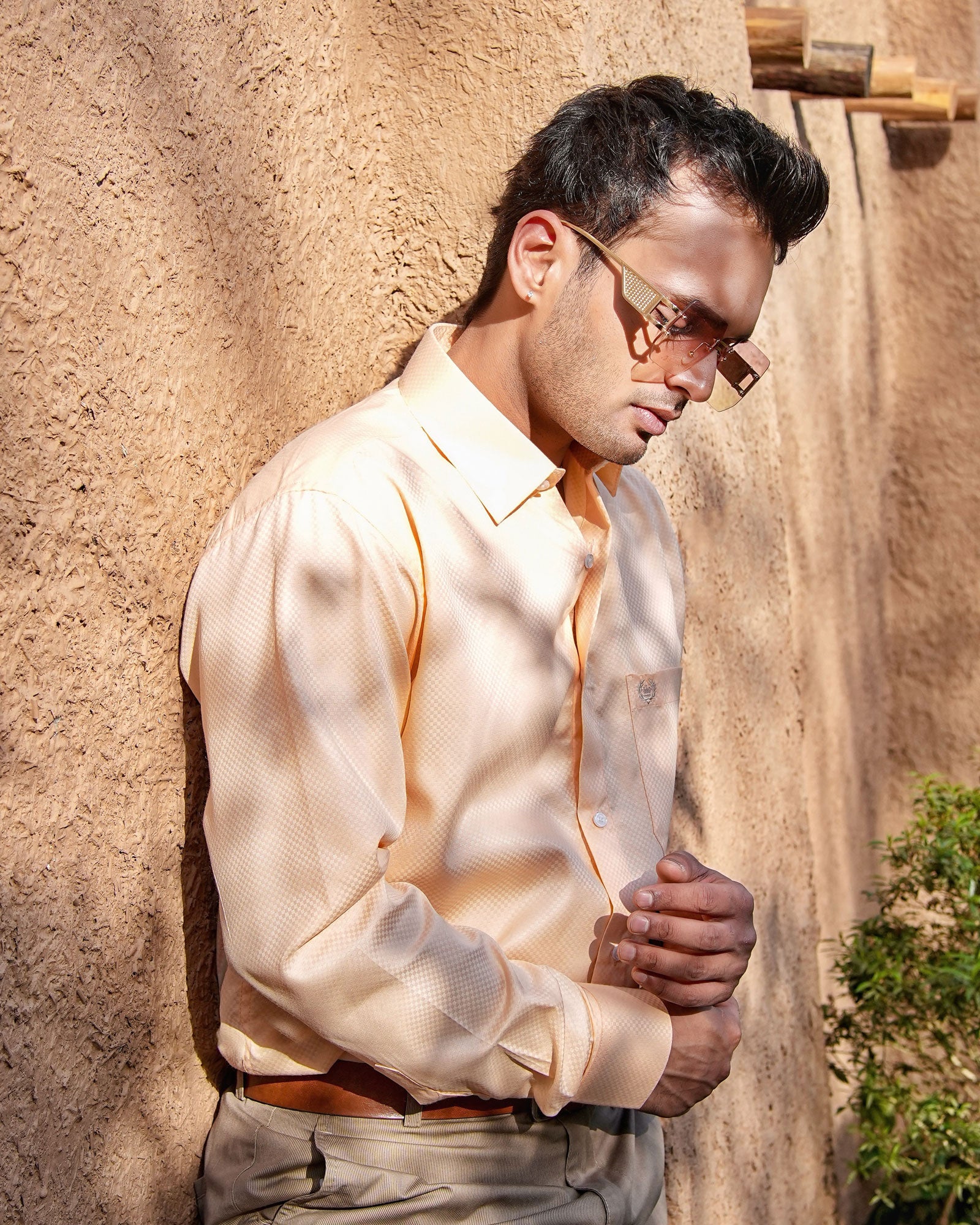 Presto Peach Cotton Dobby Textured Shirt - John Ellies
