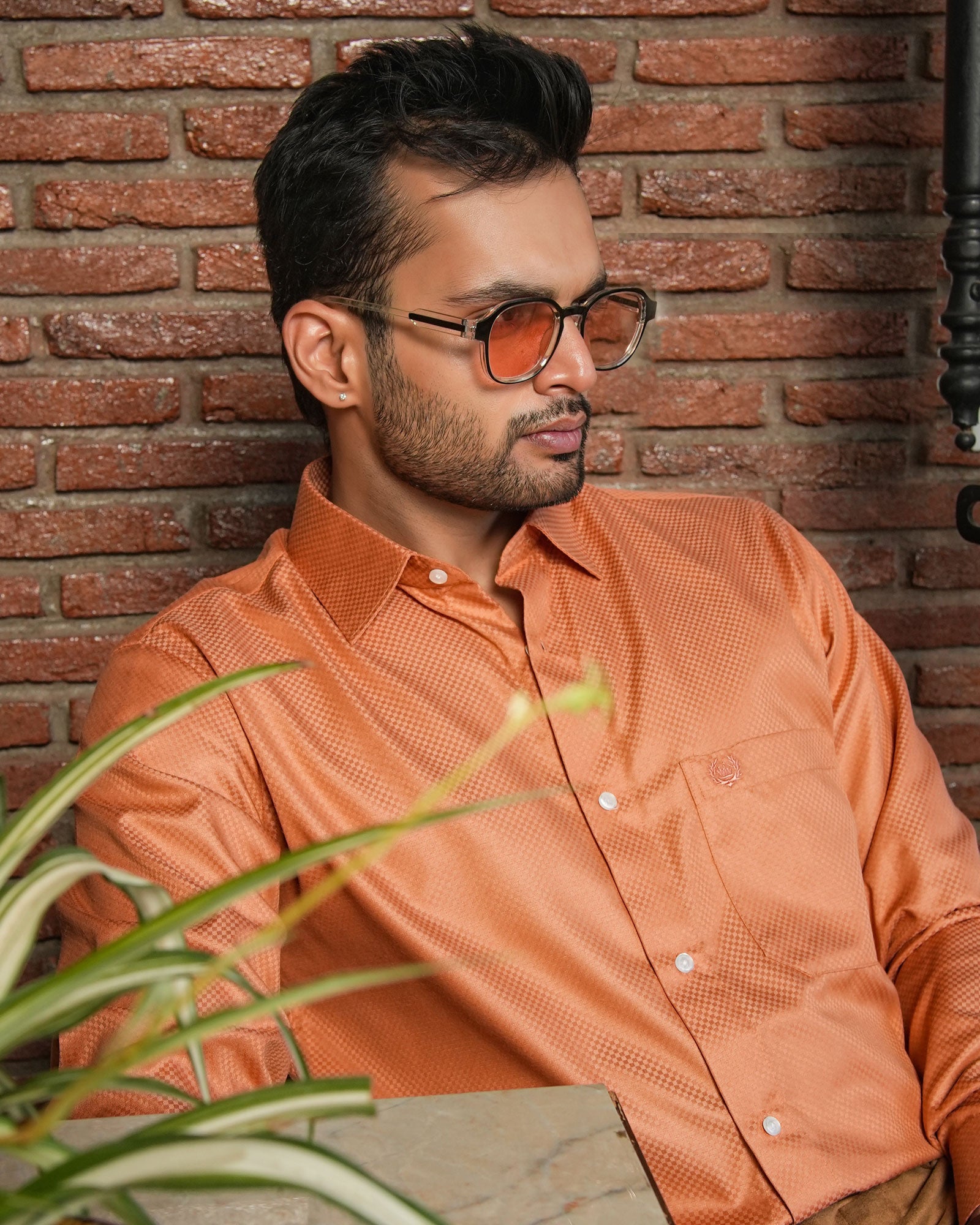 Presto Orange Cotton Dobby Textured Shirt - John Ellies