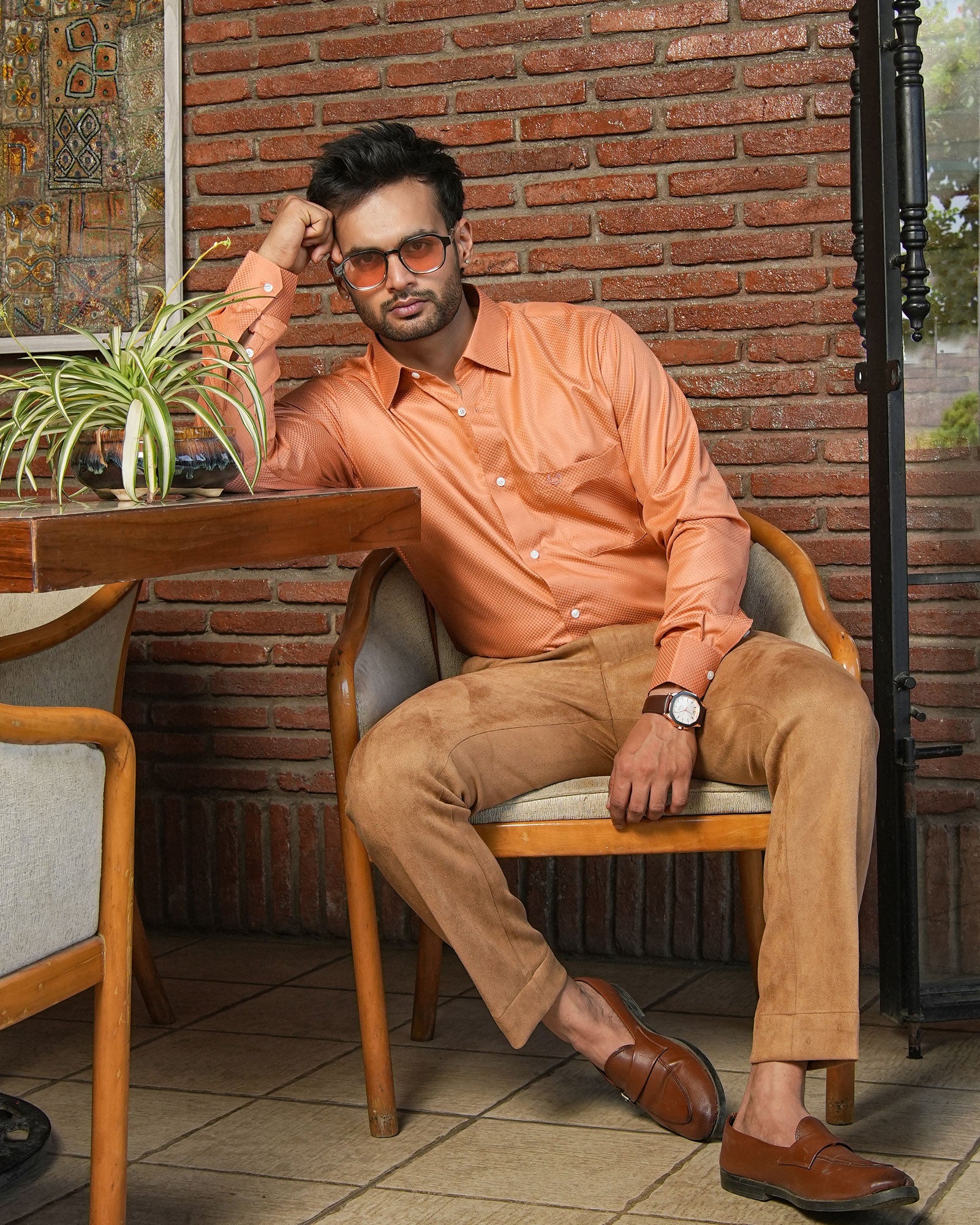 Presto Orange Cotton Dobby Textured Shirt - John Ellies